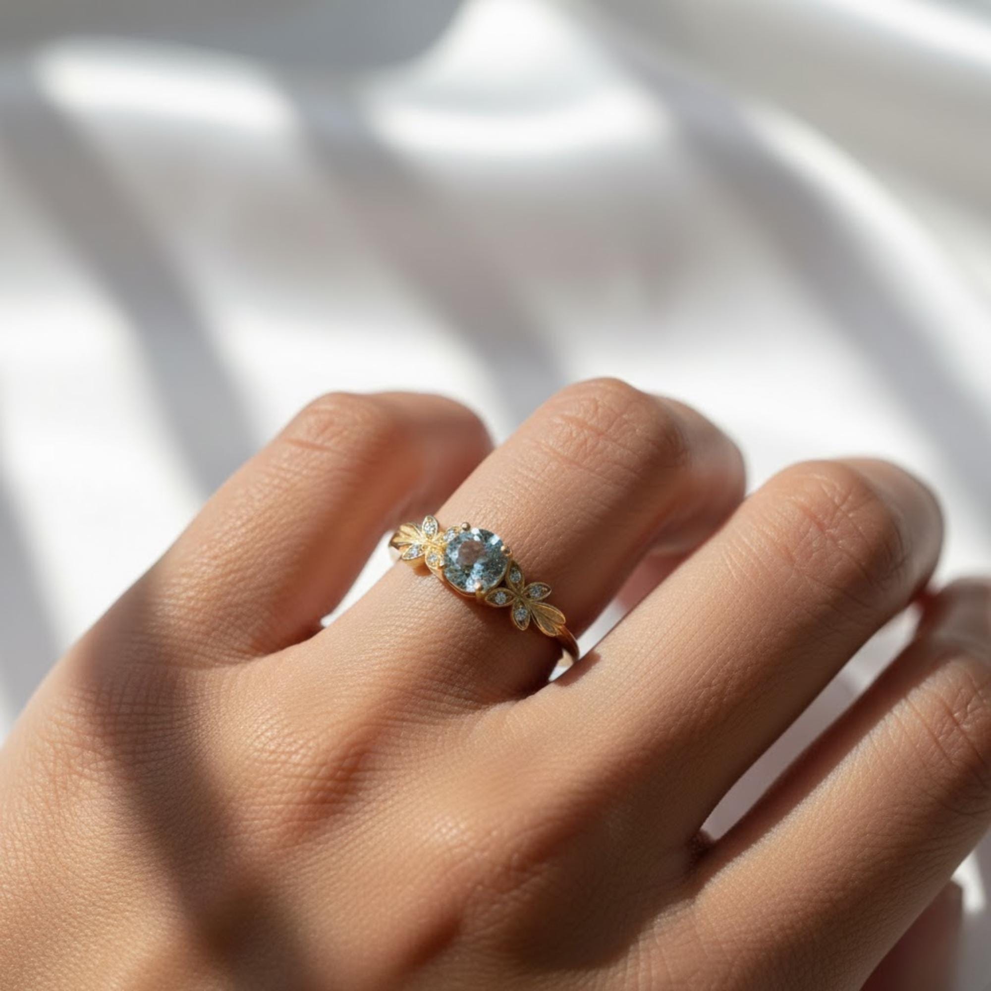 Botanical Blue Aquamarine Nature Engagement Ring | Floral Leaf Gold and Sterling Silver Ring | March Birthstone Ring