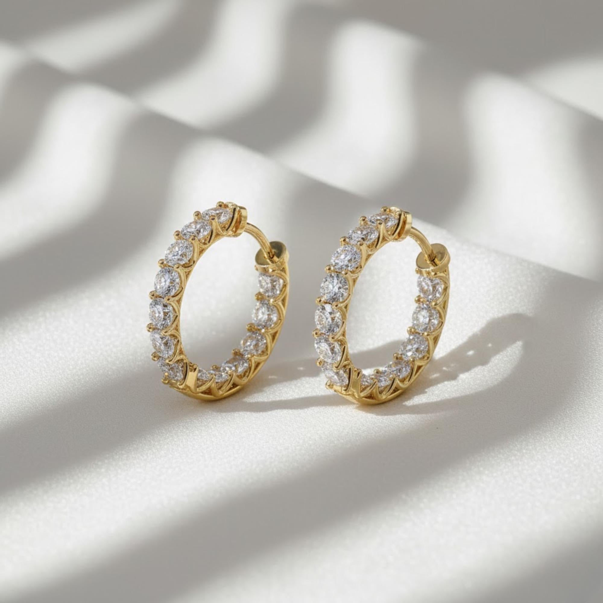 14K Solid Gold Round Lab Grown Diamond Hoop Earrings