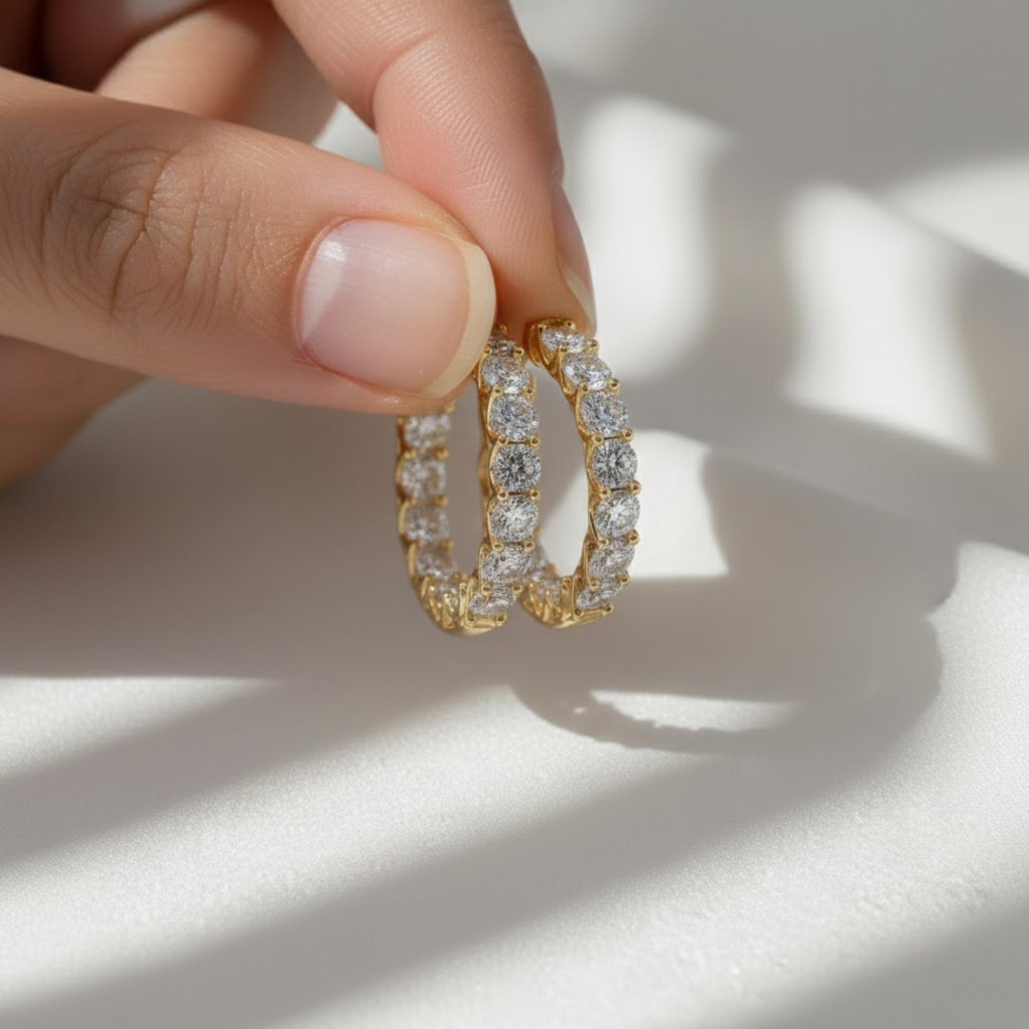Moissanite Huggie Hoop Earrings | 24 Stone Wedding Hoops | Sterling Silver & 10K Gold Earrings