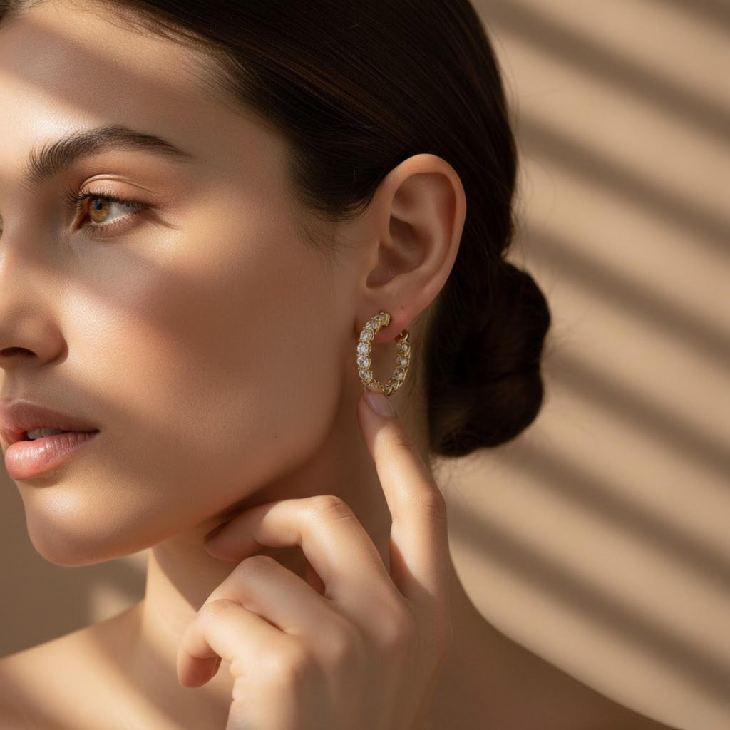 Moissanite Huggie Hoop Earrings | 24 Stone Wedding Hoops | Sterling Silver & 10K Gold Earrings