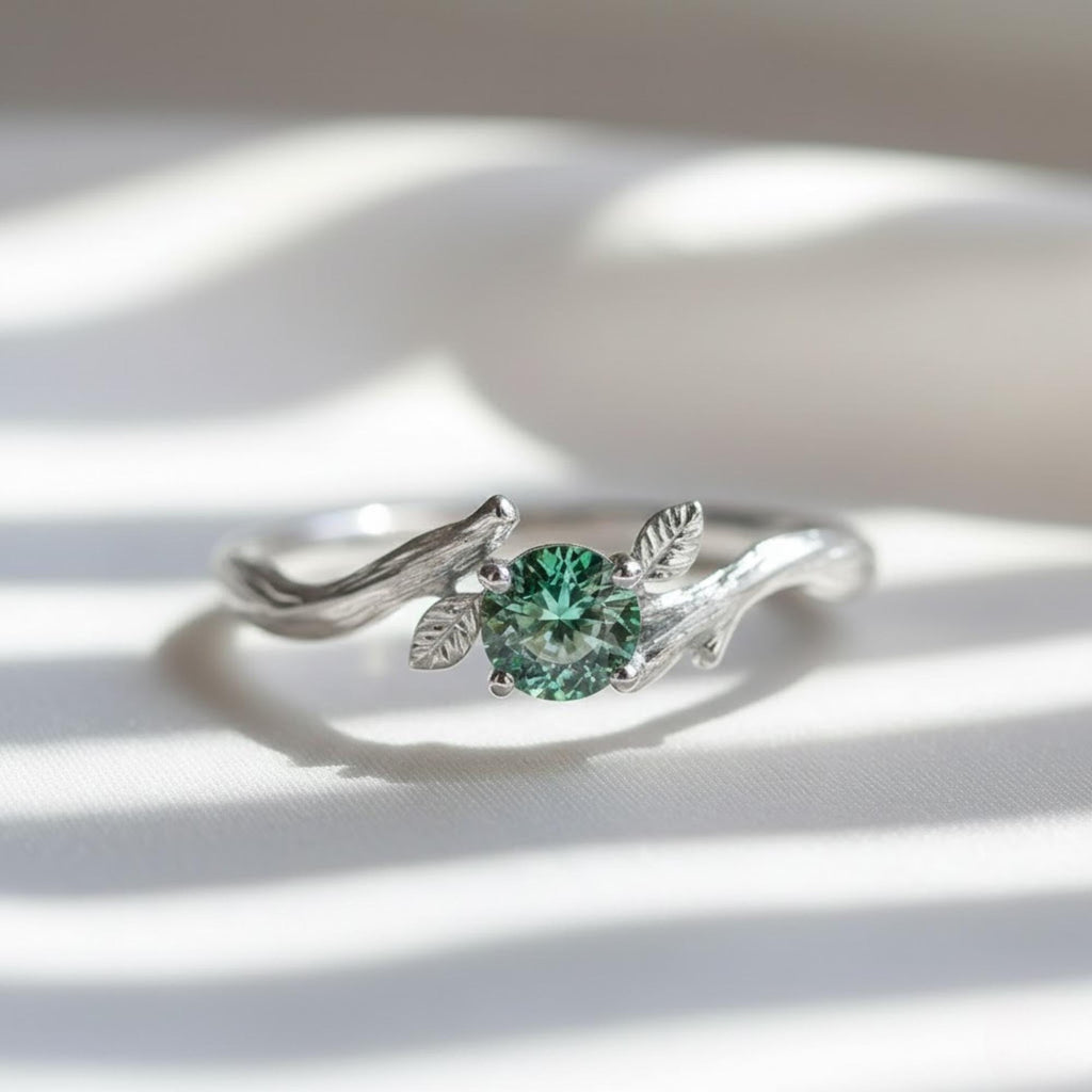 Green Blue Sapphire Woodland Ring | Leaf Motif Nature Sterling Silver Ring | Solid Gold Engagement Ring