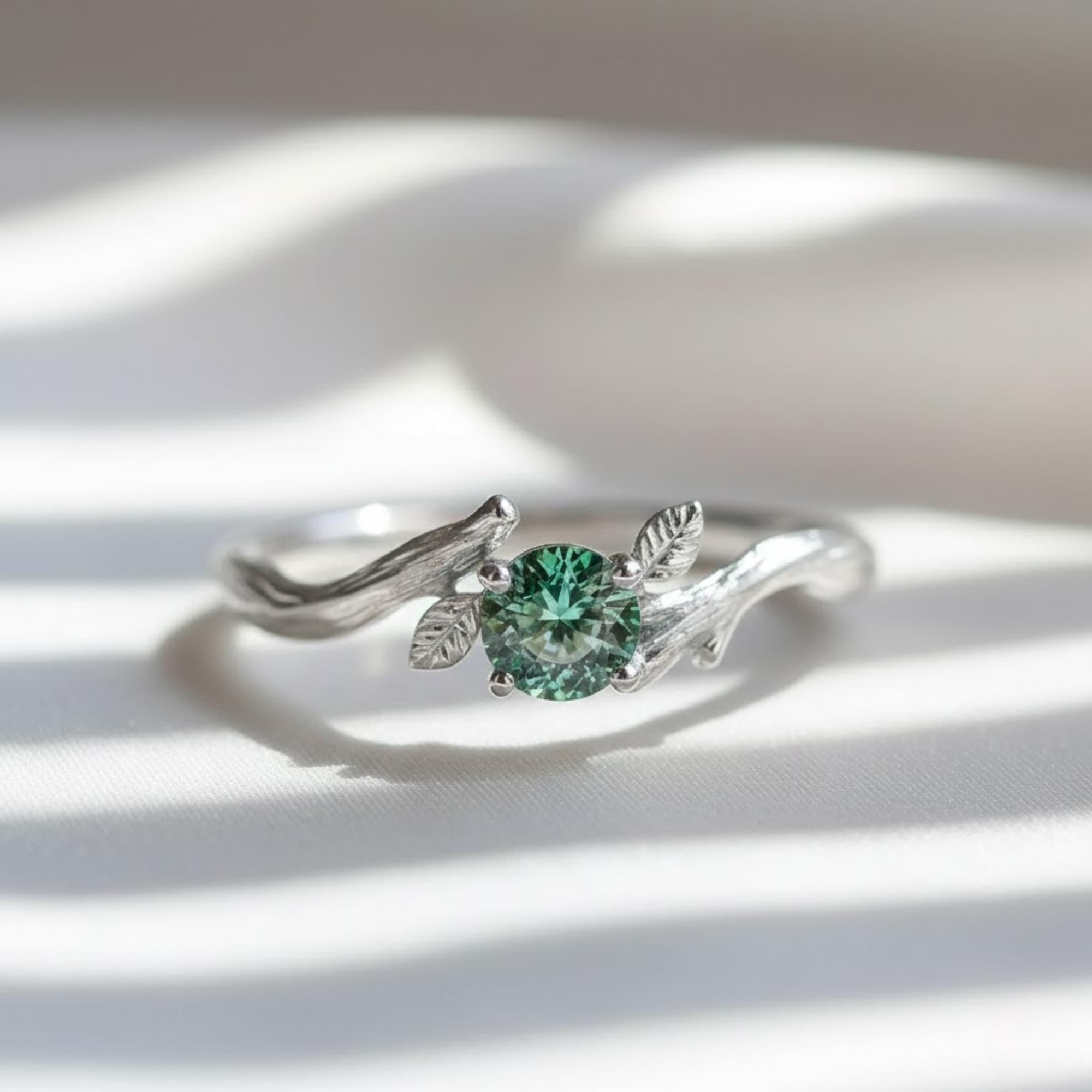 Green Blue Sapphire Woodland Ring | Leaf Motif Nature Sterling Silver Ring | Solid Gold Engagement Ring