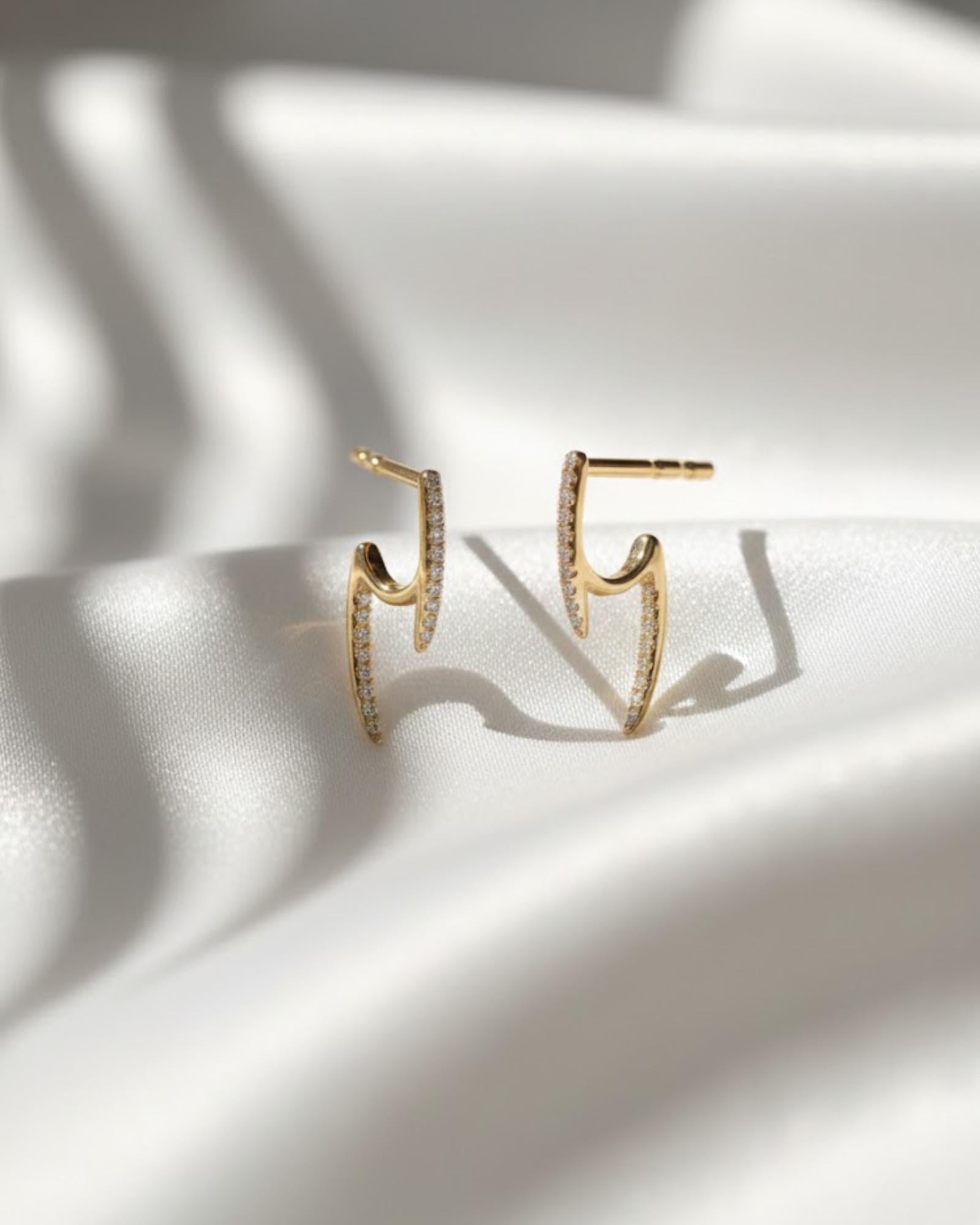 Double Spike Moissanite Studs | Pavé Geometric Earrings | 10K Gold Bold Stud Earrings