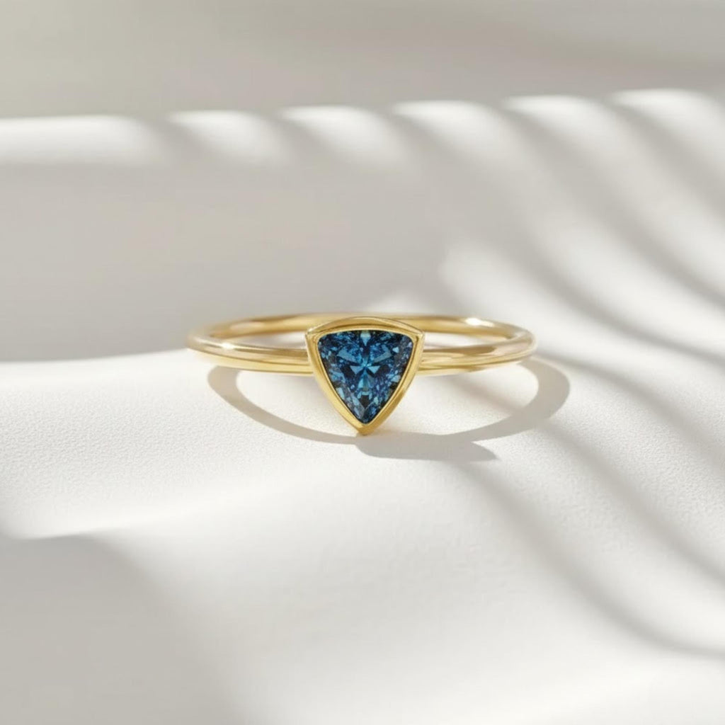 Bezel Triangle Sapphire Ring | Minimal September Birthstone Ring | 14K Solid Gold Stackable Ring