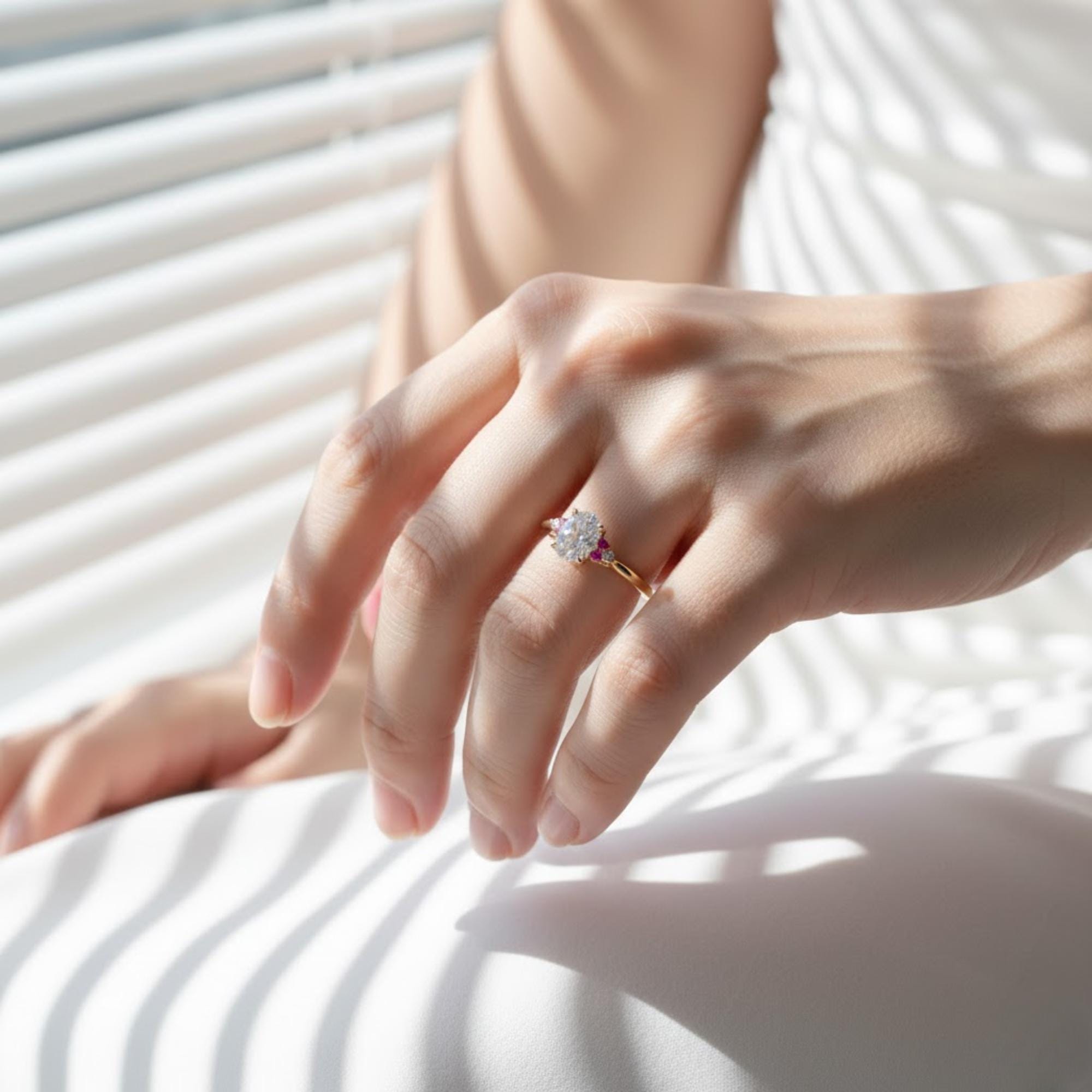 Cathedral Oval Diamond Ring | Lab Grown & Pink Sapphire Ring | 1.5 Carat Solid Gold Engagement Ring By Mirae Jewelry