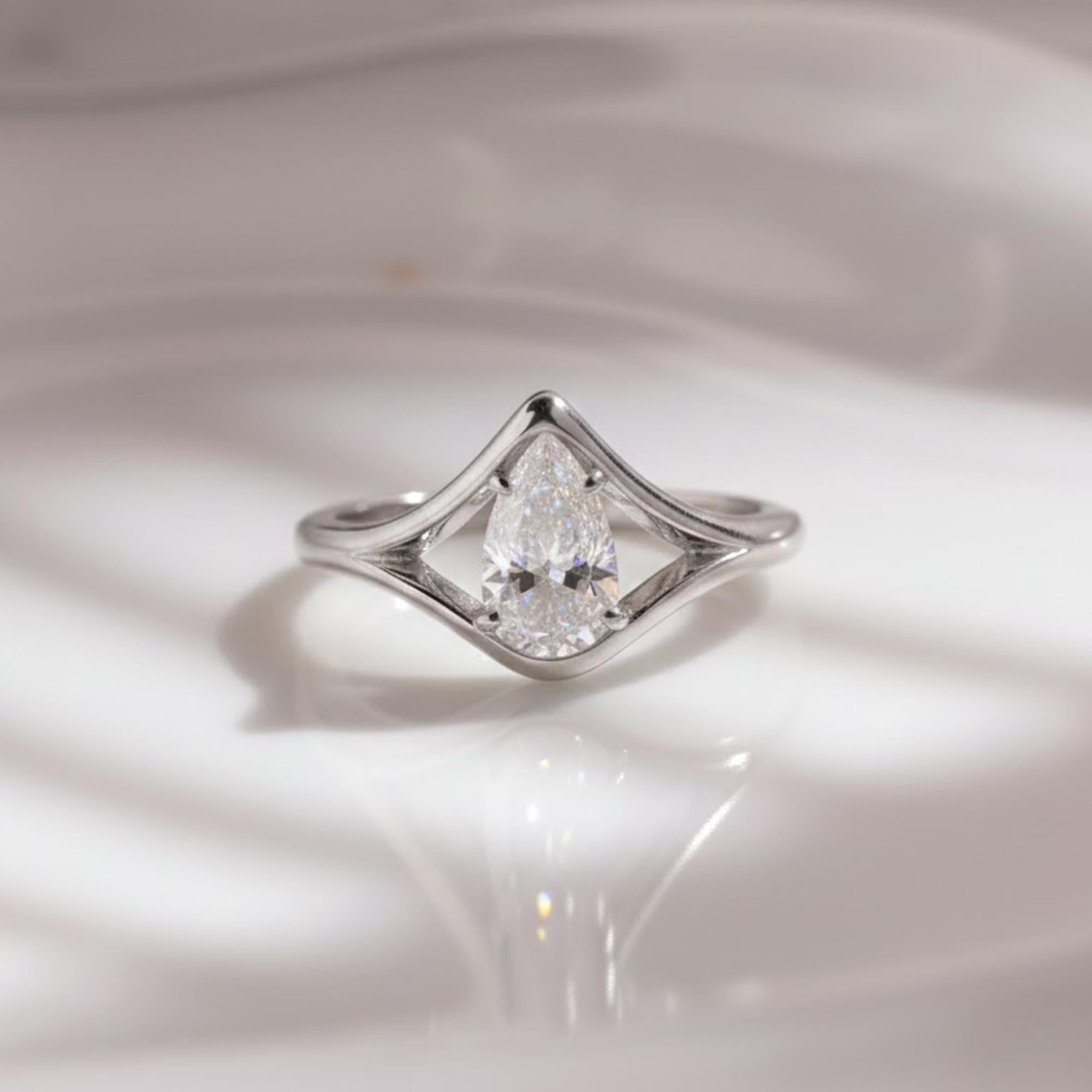 Split Shank Pear Moissanite Ring | Teardrop Solitaire Engagement Ring | Solid Gold Promise Ring