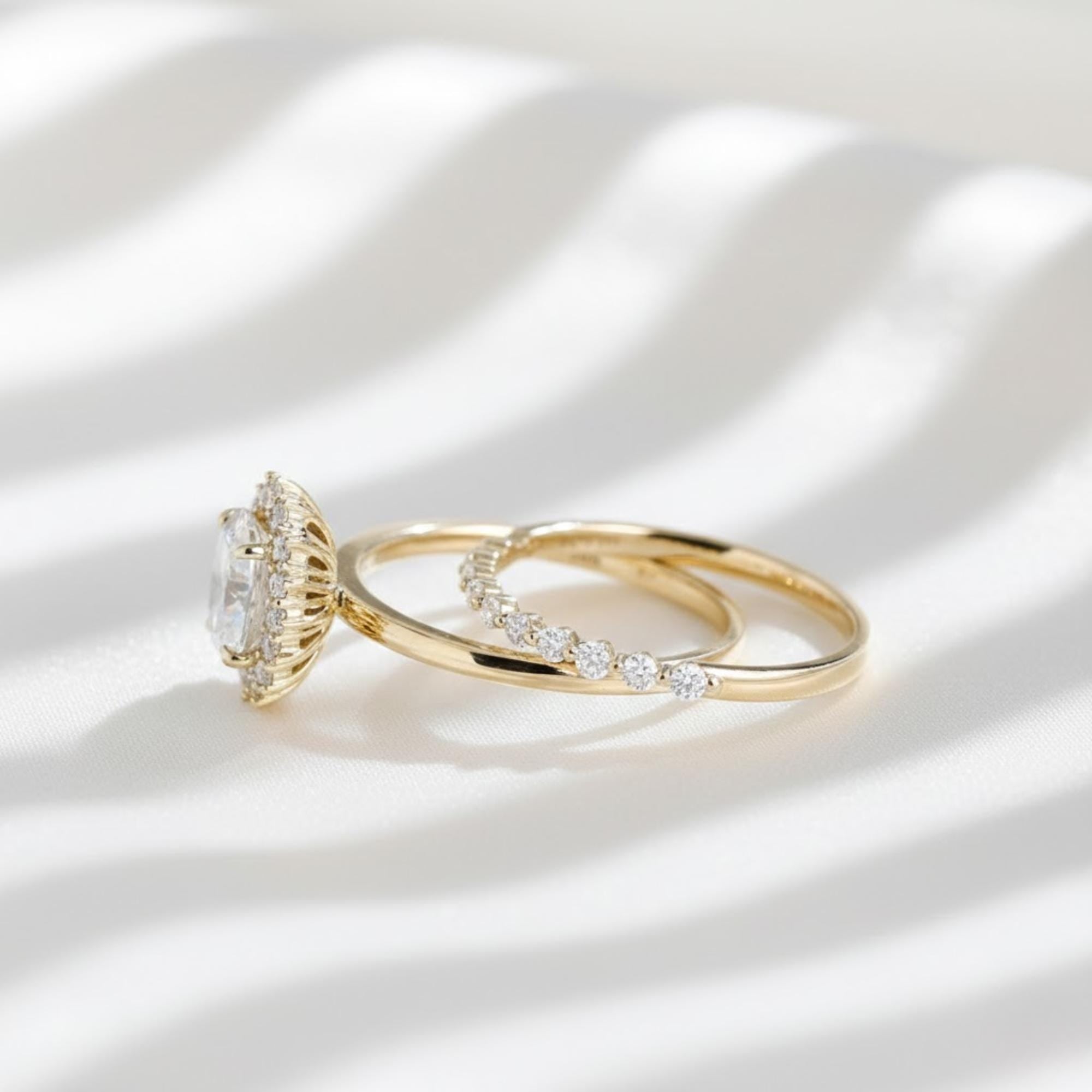 14K Solid Gold Oval Lab Diamond Bridal Set | IGI Certified Halo Engagement Ring & Wedding Band Set By Mirae Jewelry