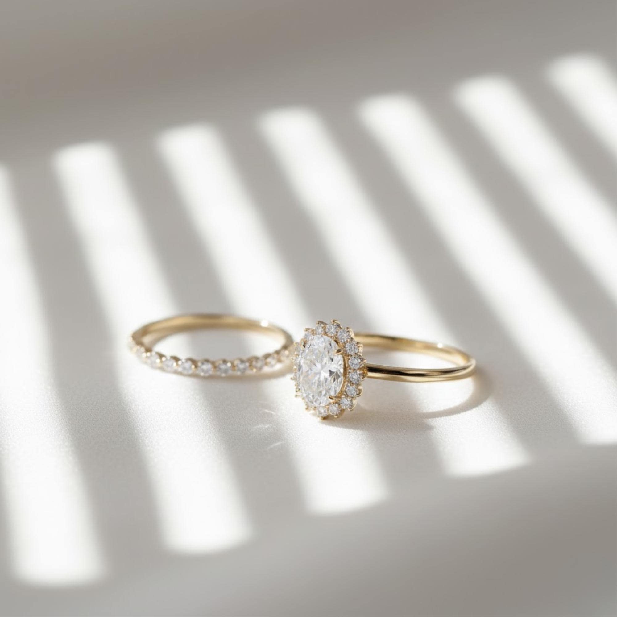 14K Solid Gold Oval Lab Diamond Bridal Set | IGI Certified Halo Engagement Ring & Wedding Band Set By Mirae Jewelry
