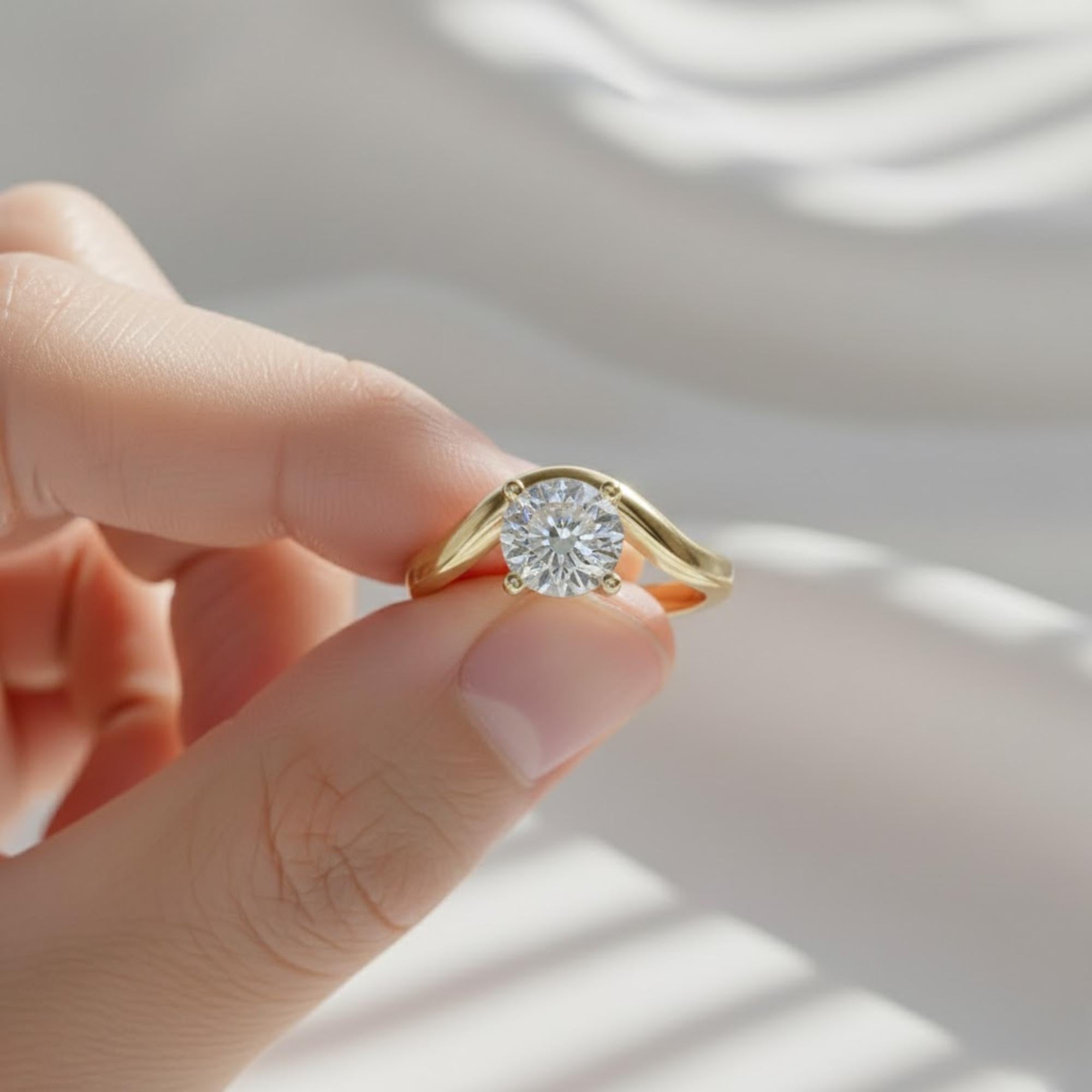 Round Diamond Solitaire Ring | 1 Carat Lab Grown Diamond Curved Engagement Ring | 14K Yellow Gold Ring