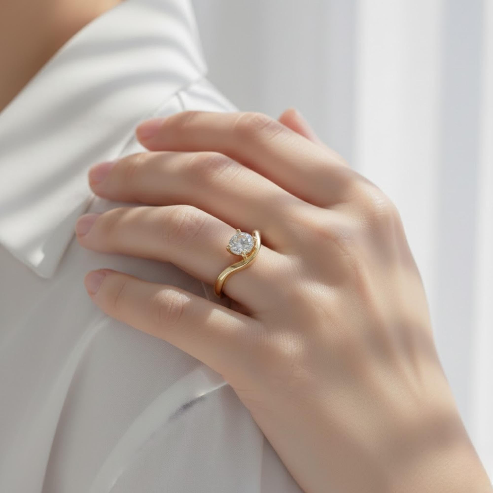 Round Diamond Solitaire Ring | 1 Carat Lab Grown Diamond Curved Engagement Ring | 14K Yellow Gold Ring