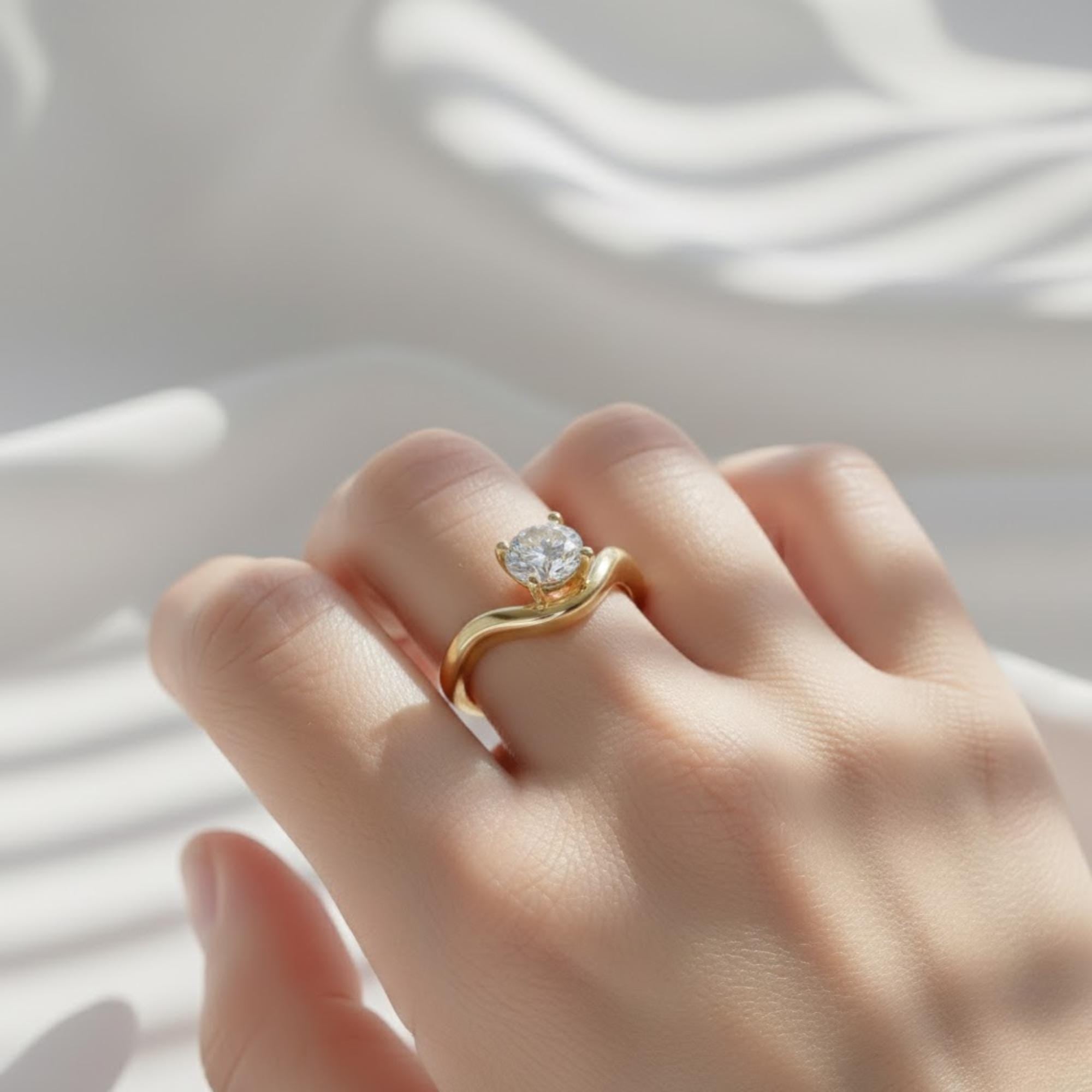 Round Diamond Solitaire Ring | 1 Carat Lab Grown Diamond Curved Engagement Ring | 14K Yellow Gold Ring