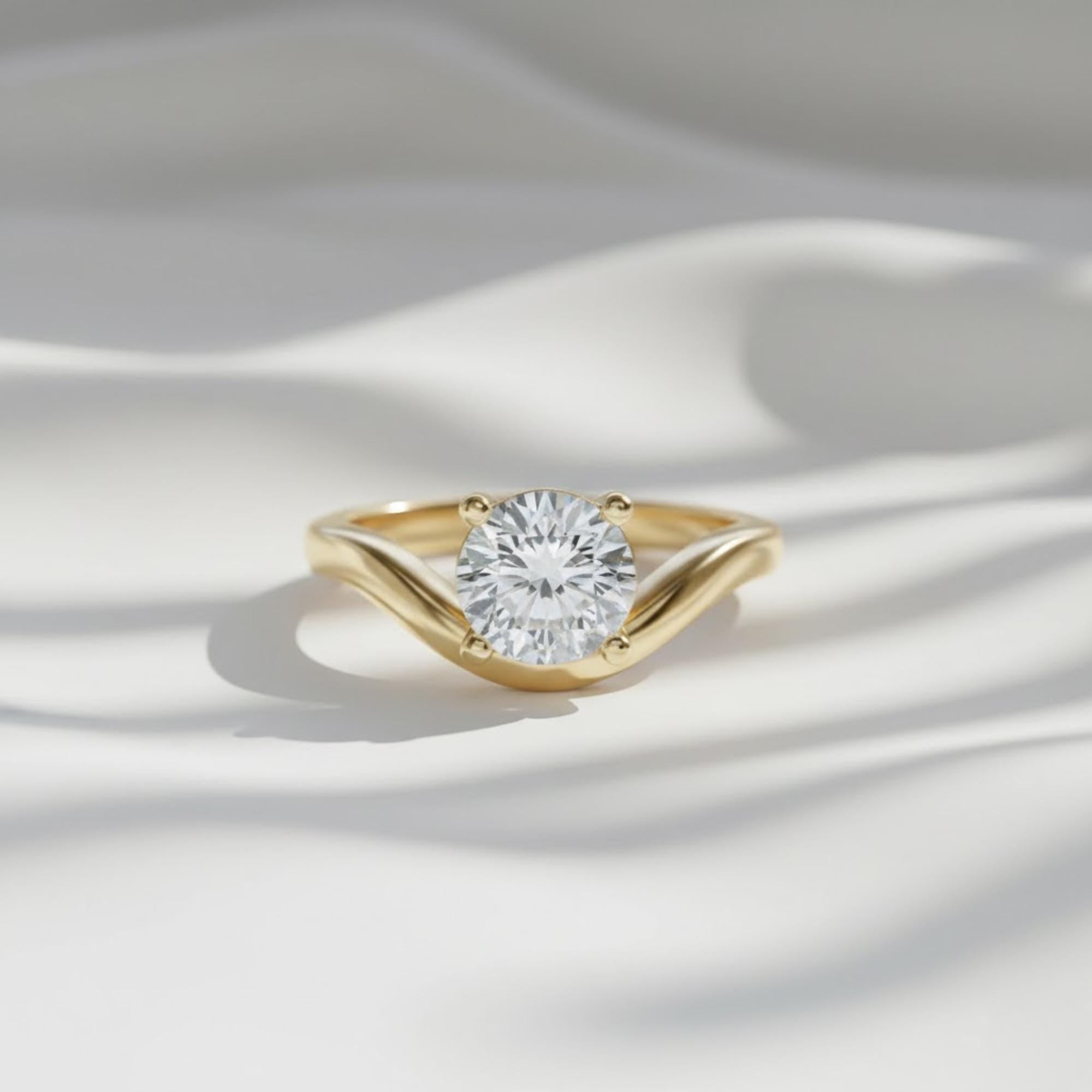 Round Diamond Solitaire Ring | 1 Carat Lab Grown Diamond Curved Engagement Ring | 14K Yellow Gold Ring