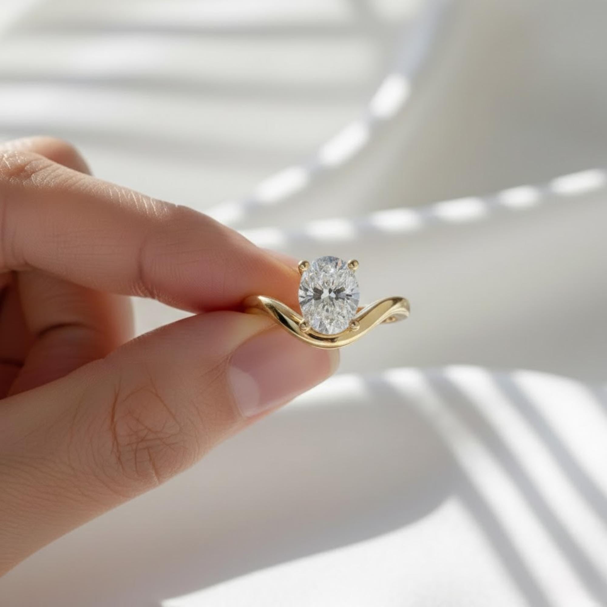 IGI Certified 2 Carat Oval Diamond Curved Ring | 9x7mm Lab Grown Diamond Engagement Ring | 14K Yellow Gold Ring