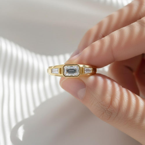 1 Carat Three Stone Emerald Diamond Band | IGI Certified 7/8 CTW Lab Grown Diamond Ring | 14K Yellow Gold
