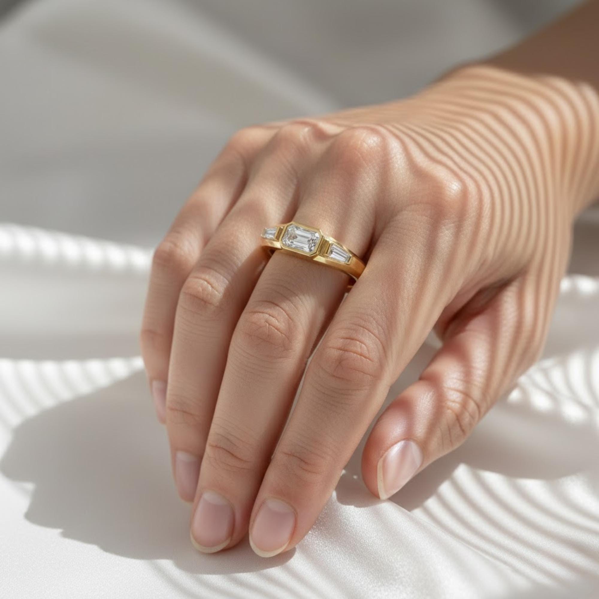 1 Carat Three Stone Emerald Diamond Band | IGI Certified 7/8 CTW Lab Grown Diamond Ring | 14K Yellow Gold