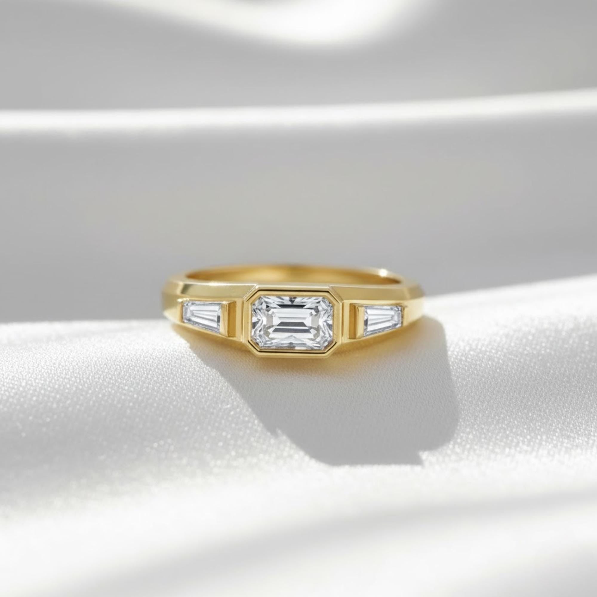 1 Carat Three Stone Emerald Diamond Band | IGI Certified 7/8 CTW Lab Grown Diamond Ring | 14K Yellow Gold