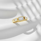 Three Stone Moissanite Band | 0.90 CTW Emerald Cut Moissanite Ring | 14K Yellow Gold Bezel Ring