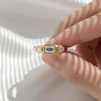 Three Stone Moissanite Band | 0.90 CTW Emerald Cut Moissanite Ring | 14K Yellow Gold Bezel Ring
