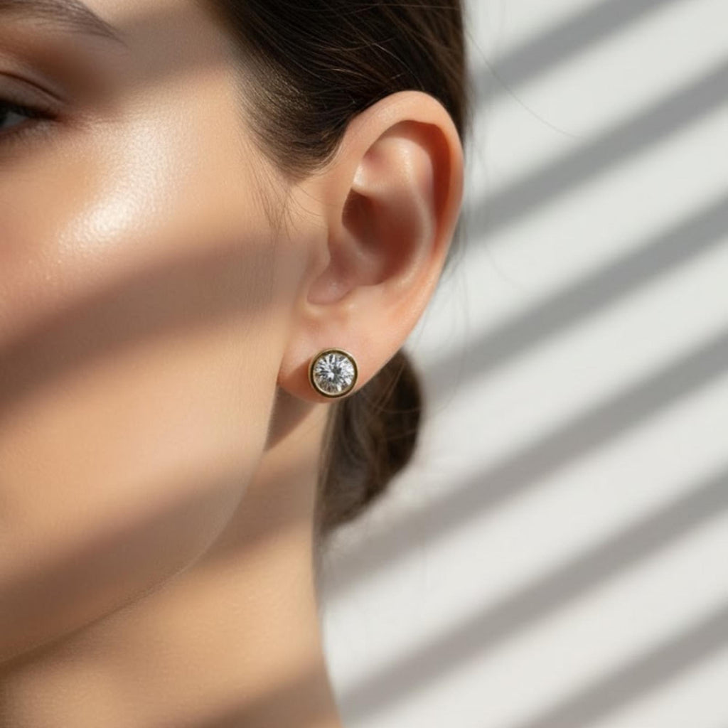 Round Brilliant Cut Bezel Set Moissanite Stud Earrings | 14K Gold Moissanite Earrings | 1 Carat Ethical Sparkling Studs