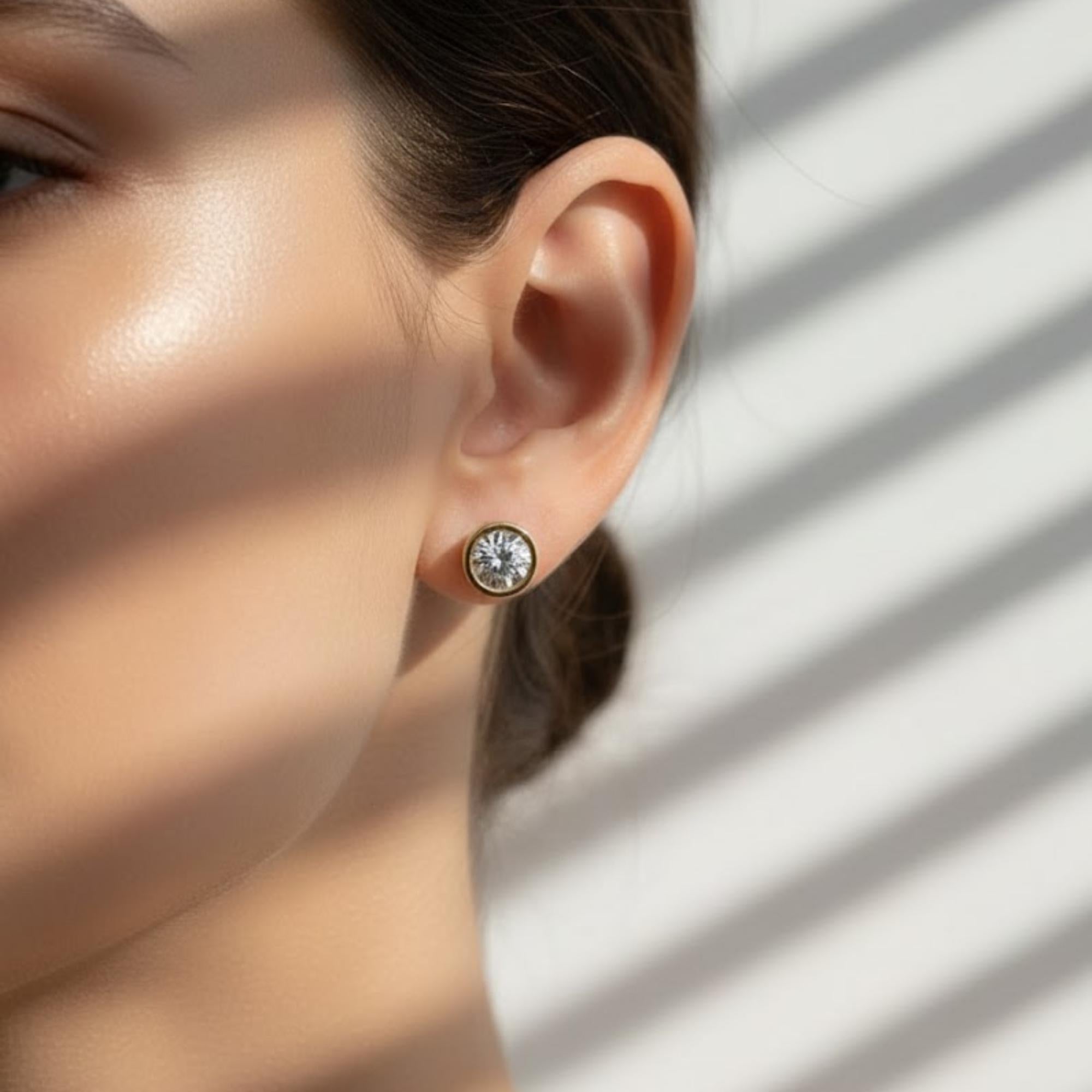 Round Brilliant Cut Bezel Set Moissanite Stud Earrings | 14K Gold Moissanite Earrings | 1 Carat Ethical Sparkling Studs