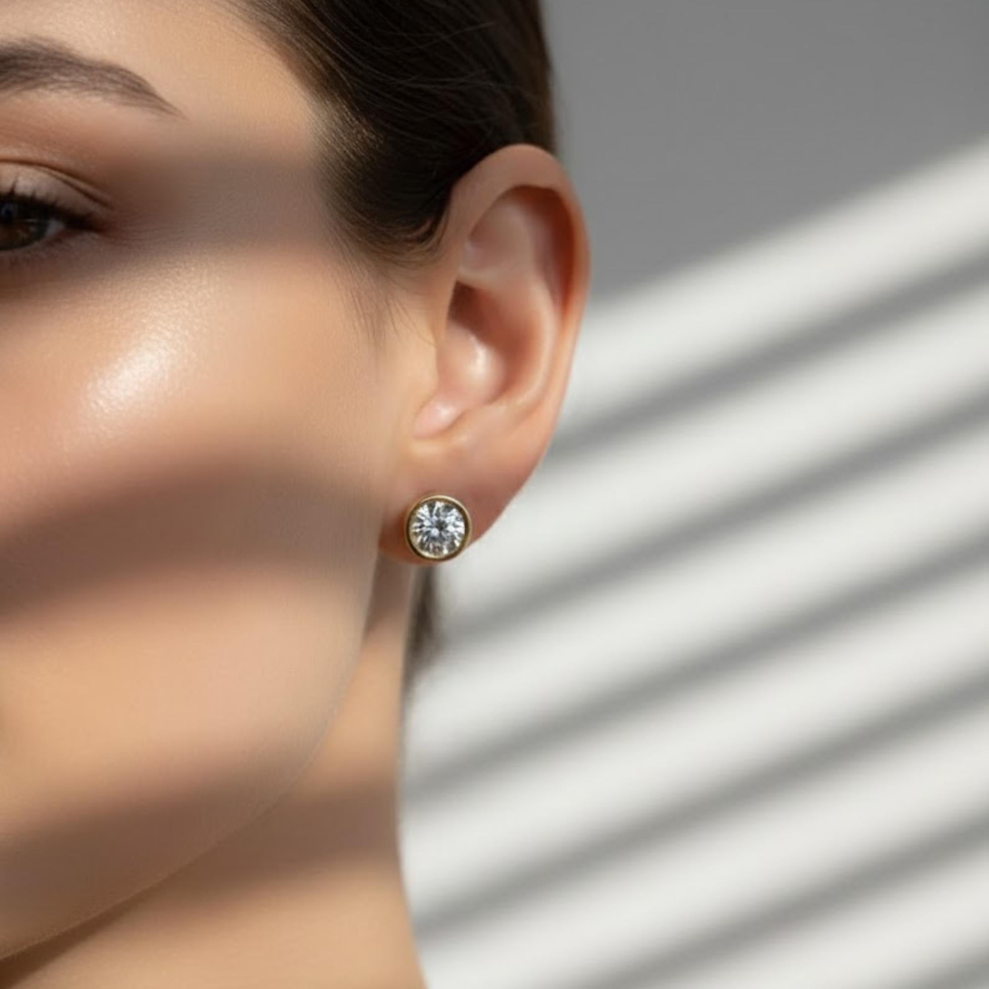 Round Brilliant Cut Bezel Set Moissanite Stud Earrings | 14K Gold Moissanite Earrings | 1 Carat Ethical Sparkling Studs