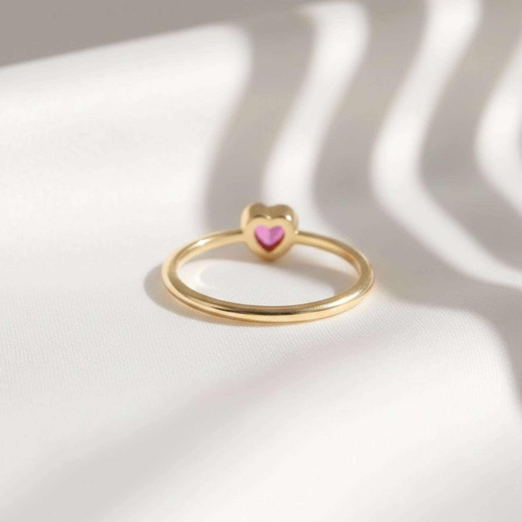 Ruby Heart Pinky Ring | Dainty Bezel Heart Ring | 14K Solid Gold Romantic Gift