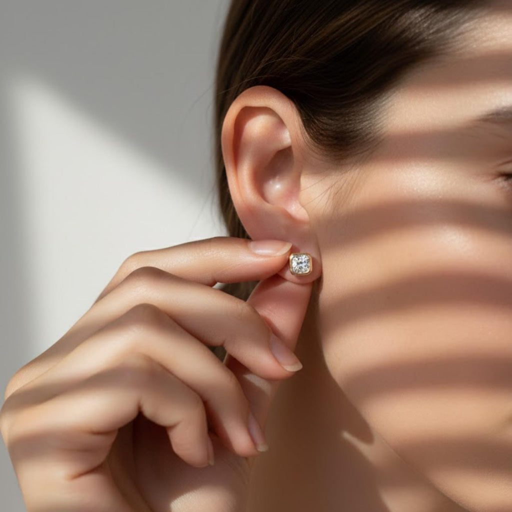 Single Cushion Moissanite Stud | 0.50 Carat Square Stud Earring | 10K Gold Bezel Earring