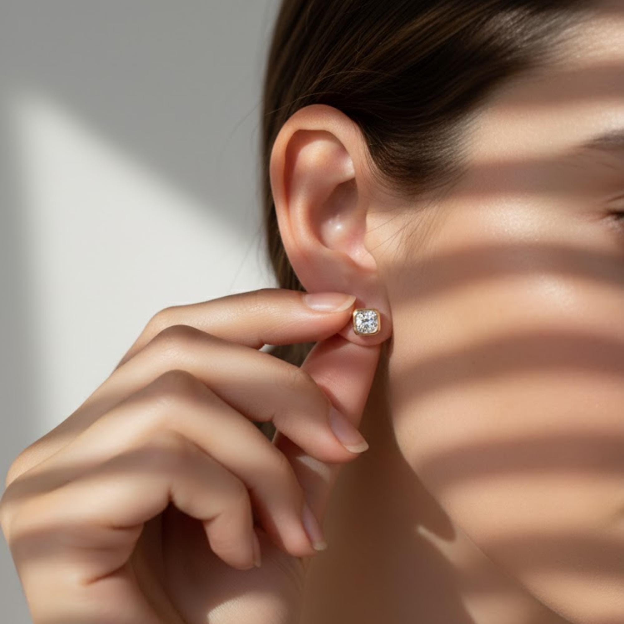 Single Cushion Moissanite Stud | 0.50 Carat Square Stud Earring | 10K Gold Bezel Earring