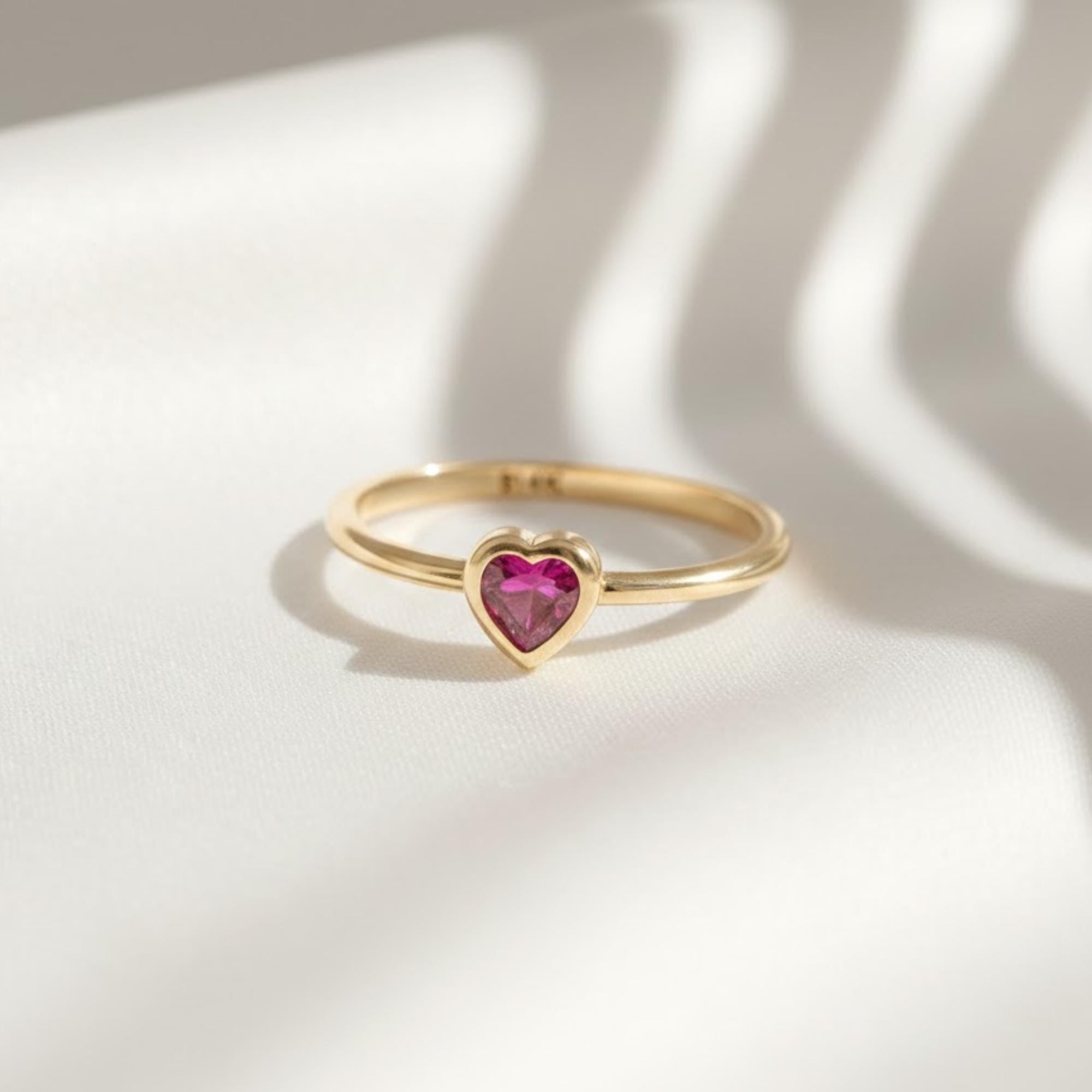 Ruby Heart Pinky Ring | Dainty Bezel Heart Ring | 14K Solid Gold Romantic Gift