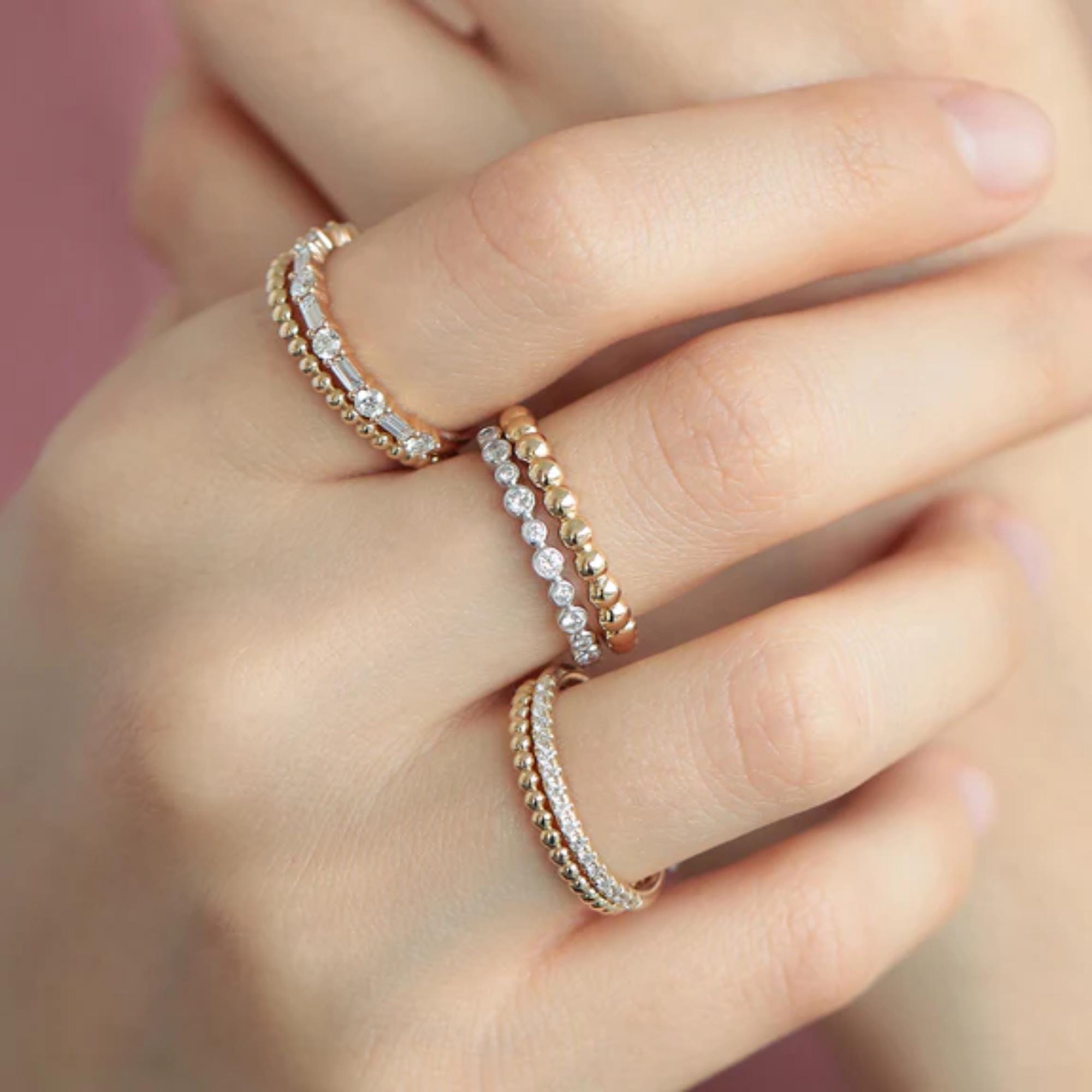Beaded Gold Ring Dots Band, Minimalist Stacking Ring, 14K Yellow White Rose Gold, Textured Dainty Gold Jewelry for Everyday Wear