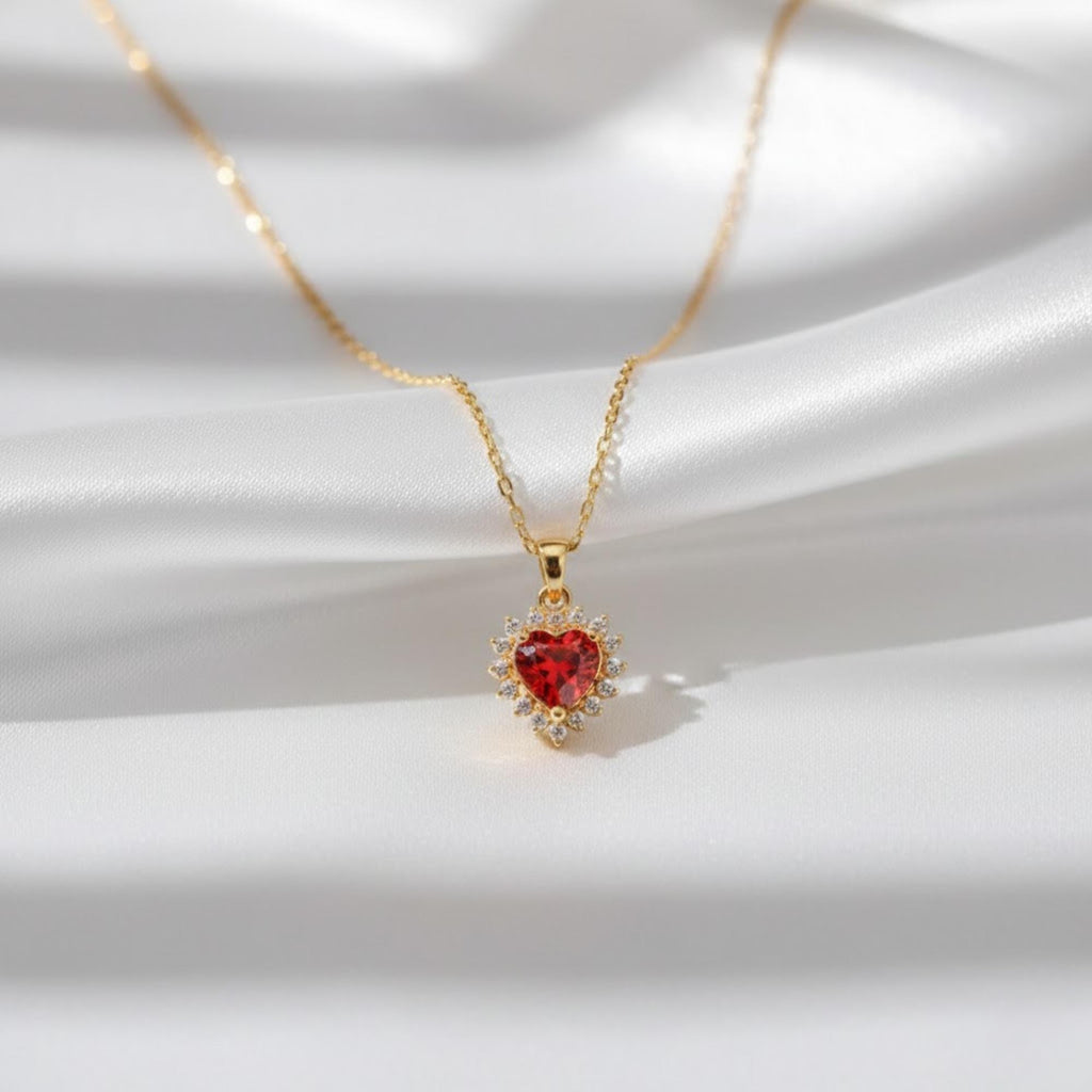 Collar de Corazón de Granate y Diamantes con Halo | Joyas de Piedra Natal de Enero | Colgante de Oro Macizo de 14K con Diamantes y Halo
