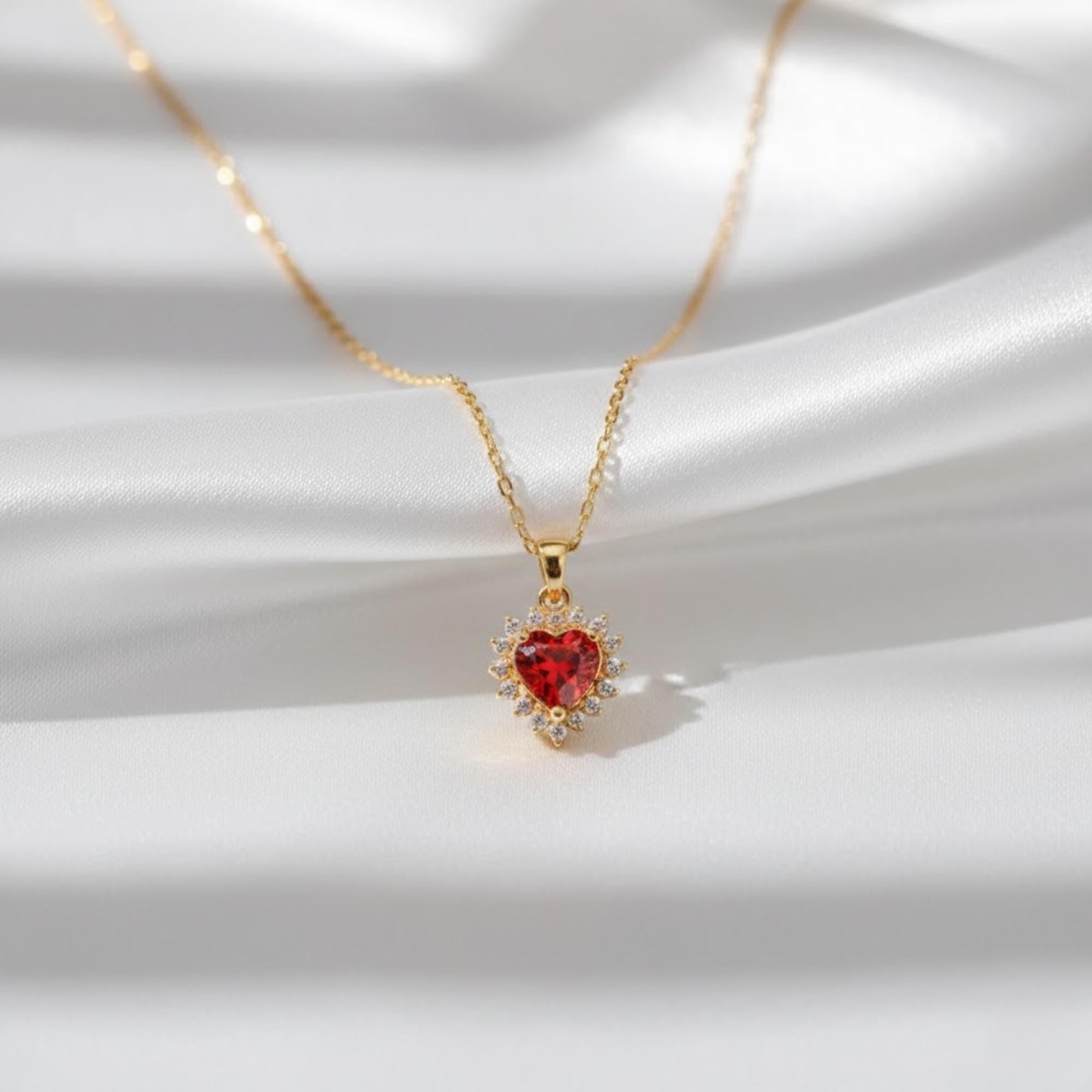 Garnet & Halo Diamond Heart Necklace | January Birthstone Jewelry | 14K Solid Gold Halo Diamond Pendant