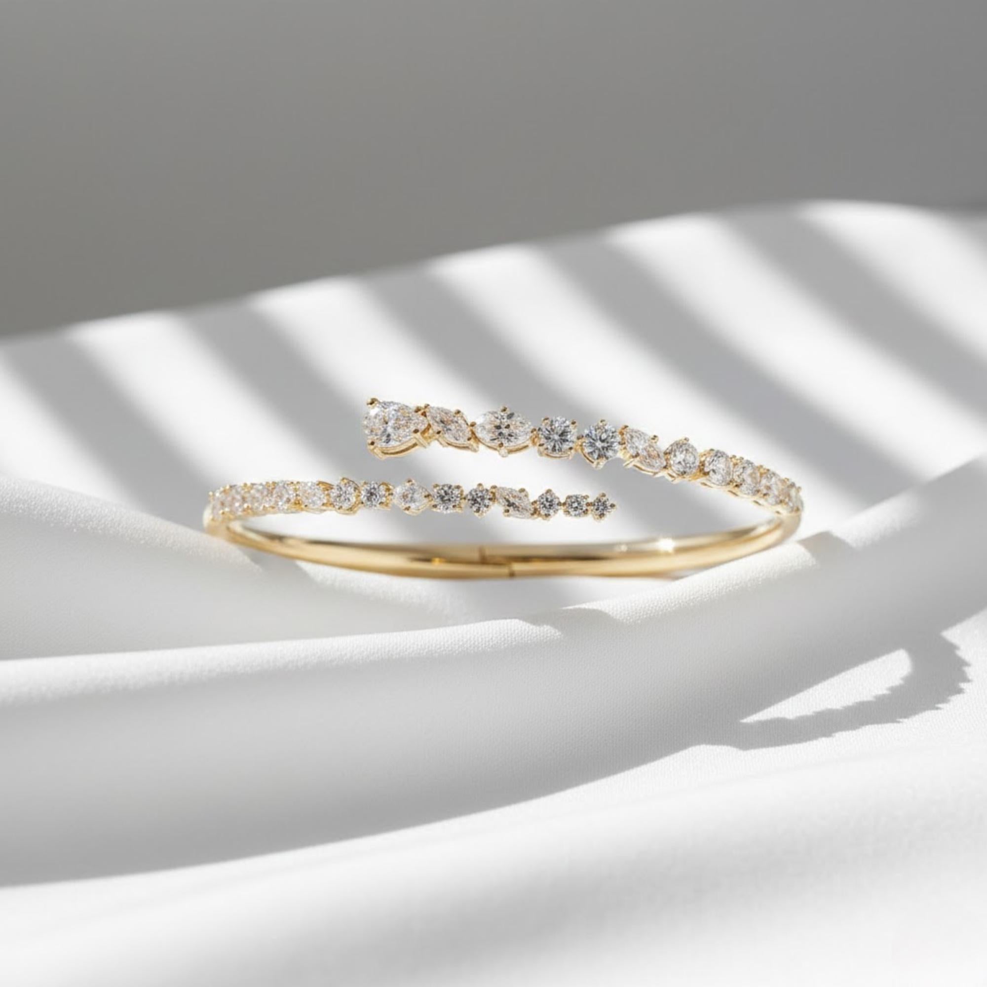 6.00 CT Lab Grown Diamond Bypass Cuff Bracelet – 14K Solid Gold Statement Bangle, E-F VS1 Luxury Fine Jewelry