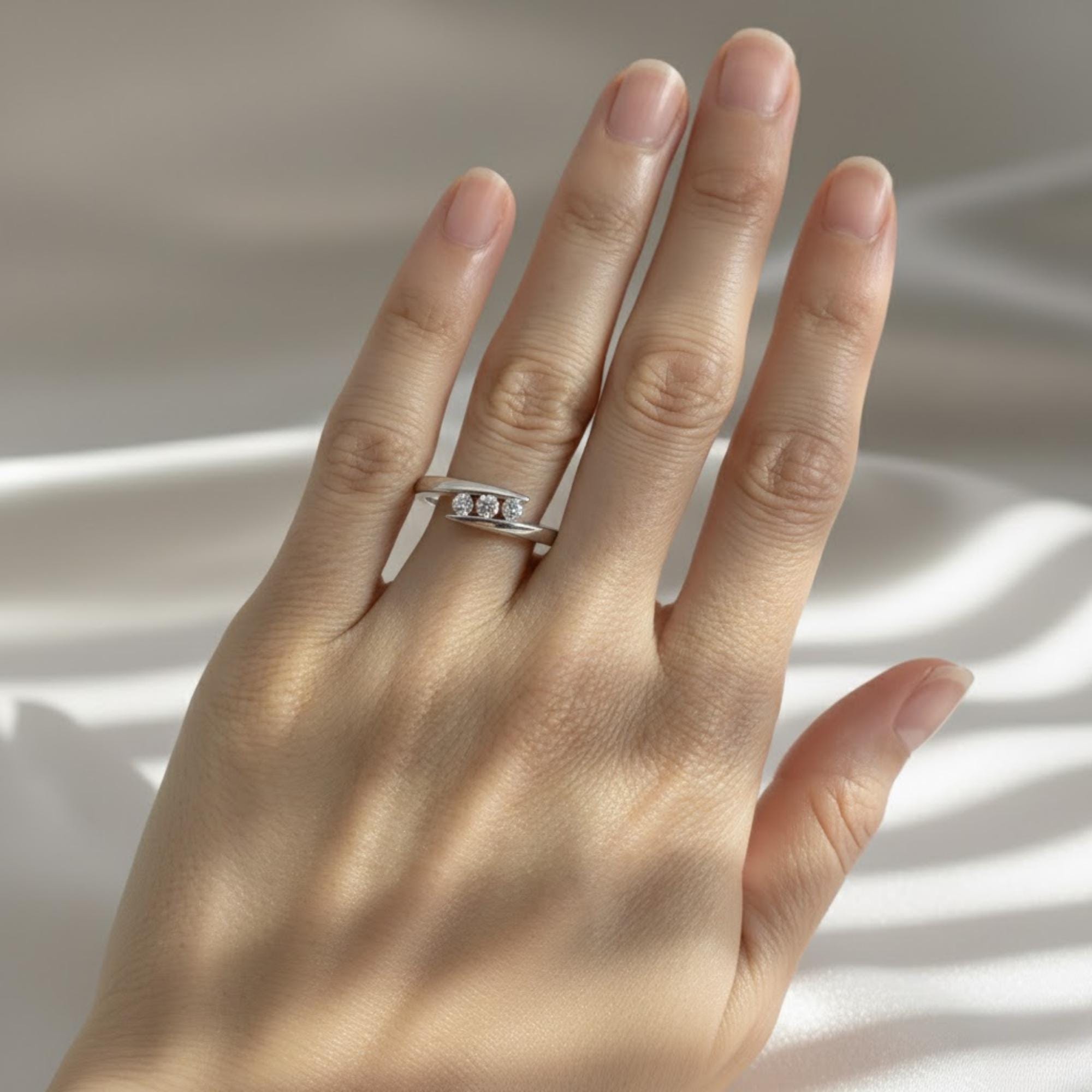 3 Stone Diamond Crossover Ring 14K White Gold – Round Brilliant Cut 0.30 CTW G SI Fine Diamond Statement Ring