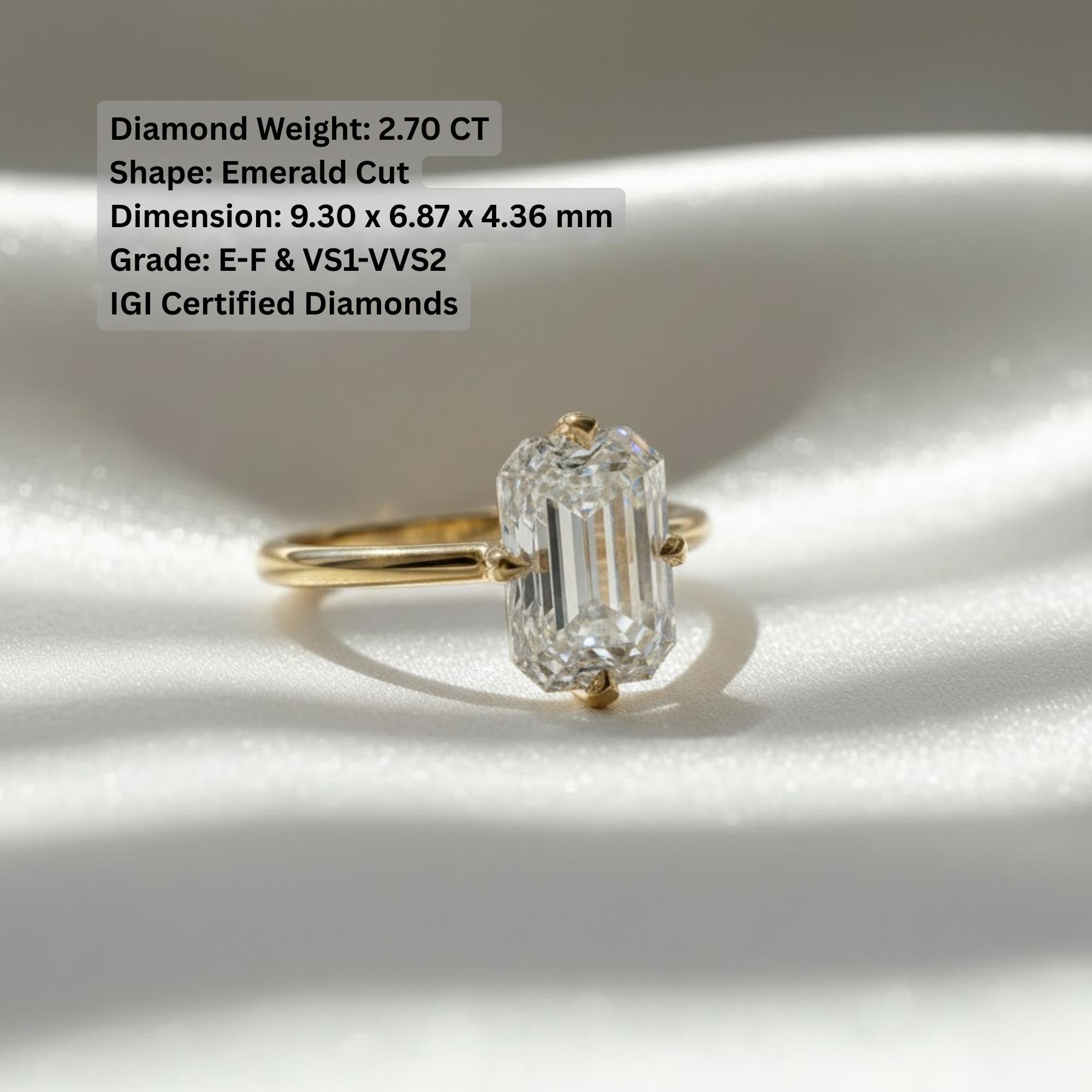 2.70 Ct Emerald Cut Lab Grown Diamond Ring IGI Certified VS2 10K 14K Gold High Profile Solitaire Engagement Ring
