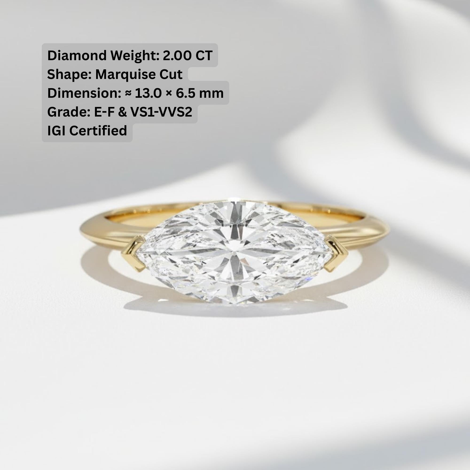 East West Marquise Diamond Ring | 2 Carat Lab Grown Solitaire | 14K Gold V Prong Engagement Ring By Mirae Jewelry