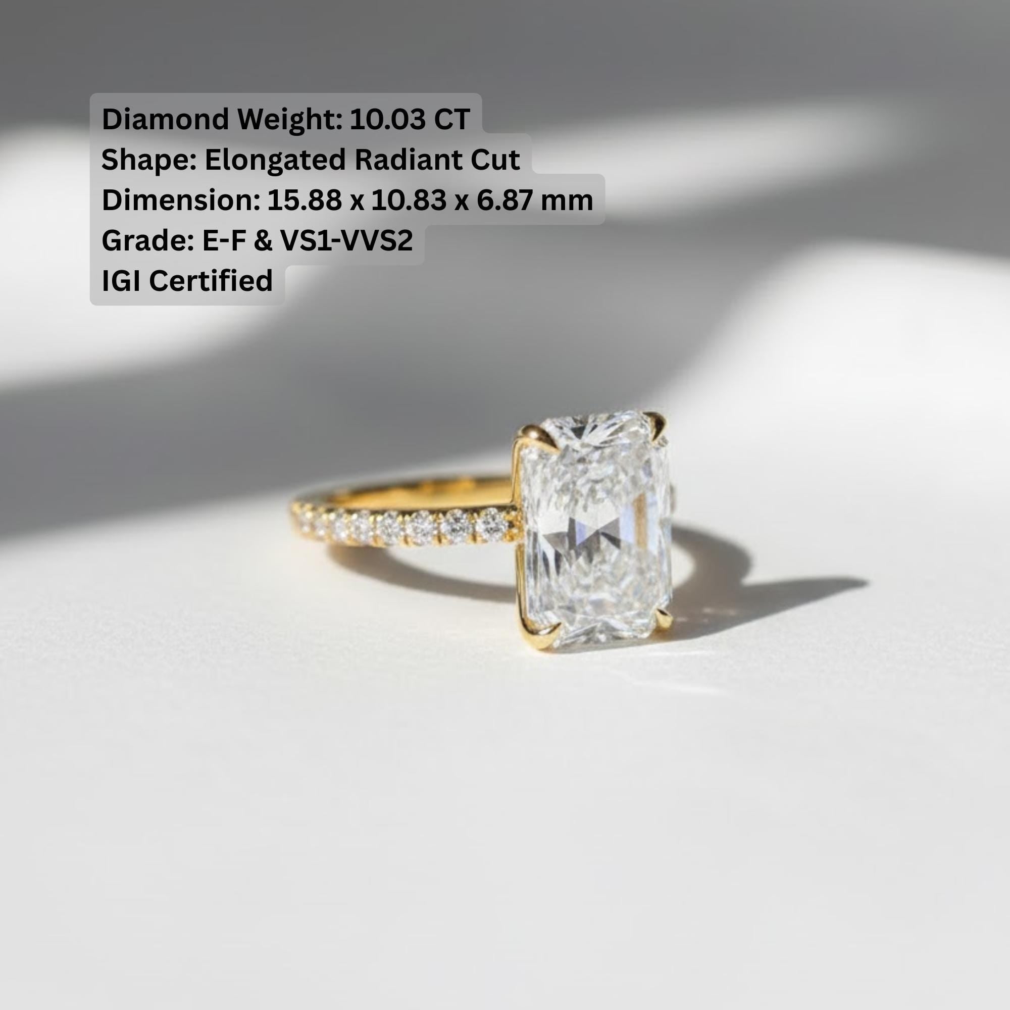 Exceptional 10 Carat Elongated Radiant Cut Lab Grown Diamond Engagement Ring With Side Stones / 18K Gold / IGI Certified