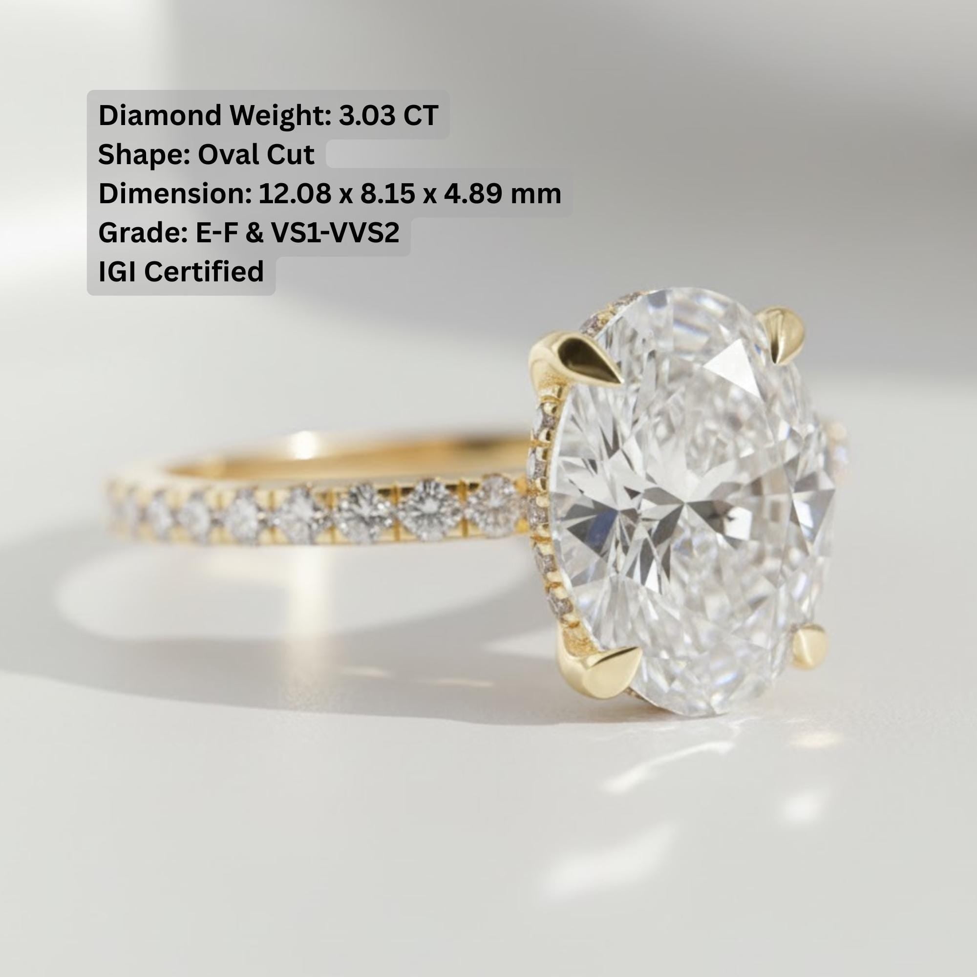 3 Carat Oval Lab Grown Diamond Engagement Ring with Hidden Halo, IGI Certified F Color VS2 Clarity, 14k Gold Wedding Band By Mirae Jewelry