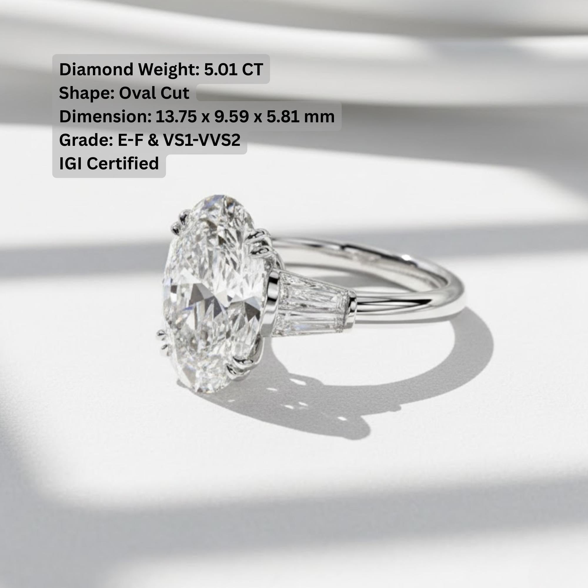 5 Carat Oval Lab Grown Diamond Three Stone Ring / Oval & Tapered Baguettes 3 Stone Ring / Luxury Trilogy Elegant Classic Engagement Ring