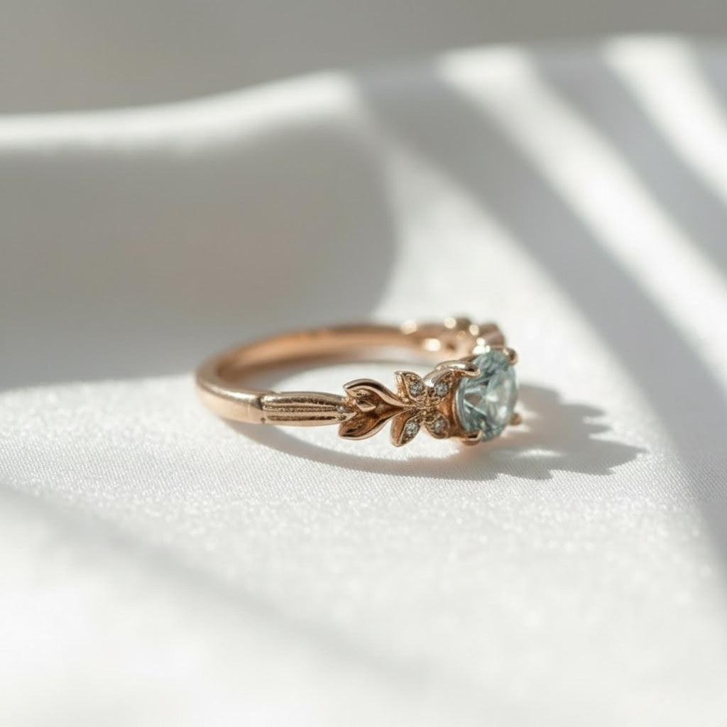 Botanical Blue Aquamarine Nature Engagement Ring | Floral Leaf Gold and Sterling Silver Ring | March Birthstone Ring