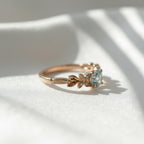 Botanical Blue Aquamarine Nature Engagement Ring | Floral Leaf Gold and Sterling Silver Ring | March Birthstone Ring