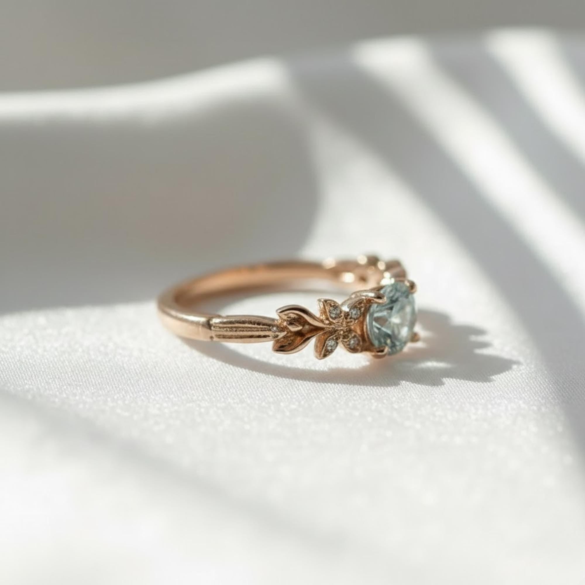 Botanical Blue Aquamarine Nature Engagement Ring | Floral Leaf Gold and Sterling Silver Ring | March Birthstone Ring
