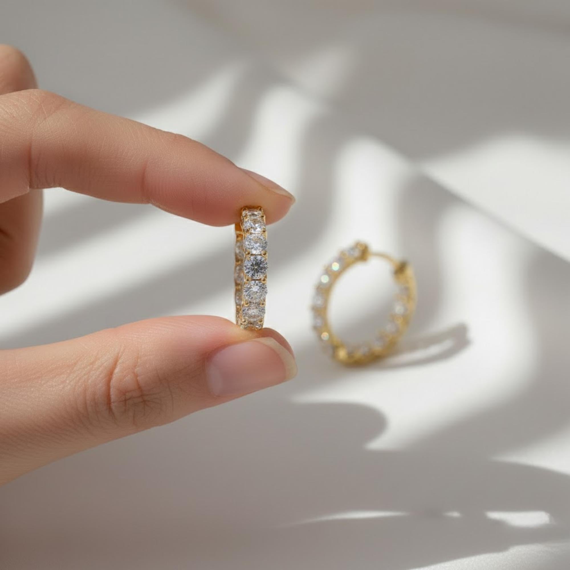 Moissanite Huggie Hoop Earrings | 24 Stone Wedding Hoops | Sterling Silver & 10K Gold Earrings