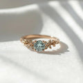 14K Rose Gold Blue Aquamarine Nature Engagement Ring | Floral Leaf Gold Ring | March Birthstone Ring