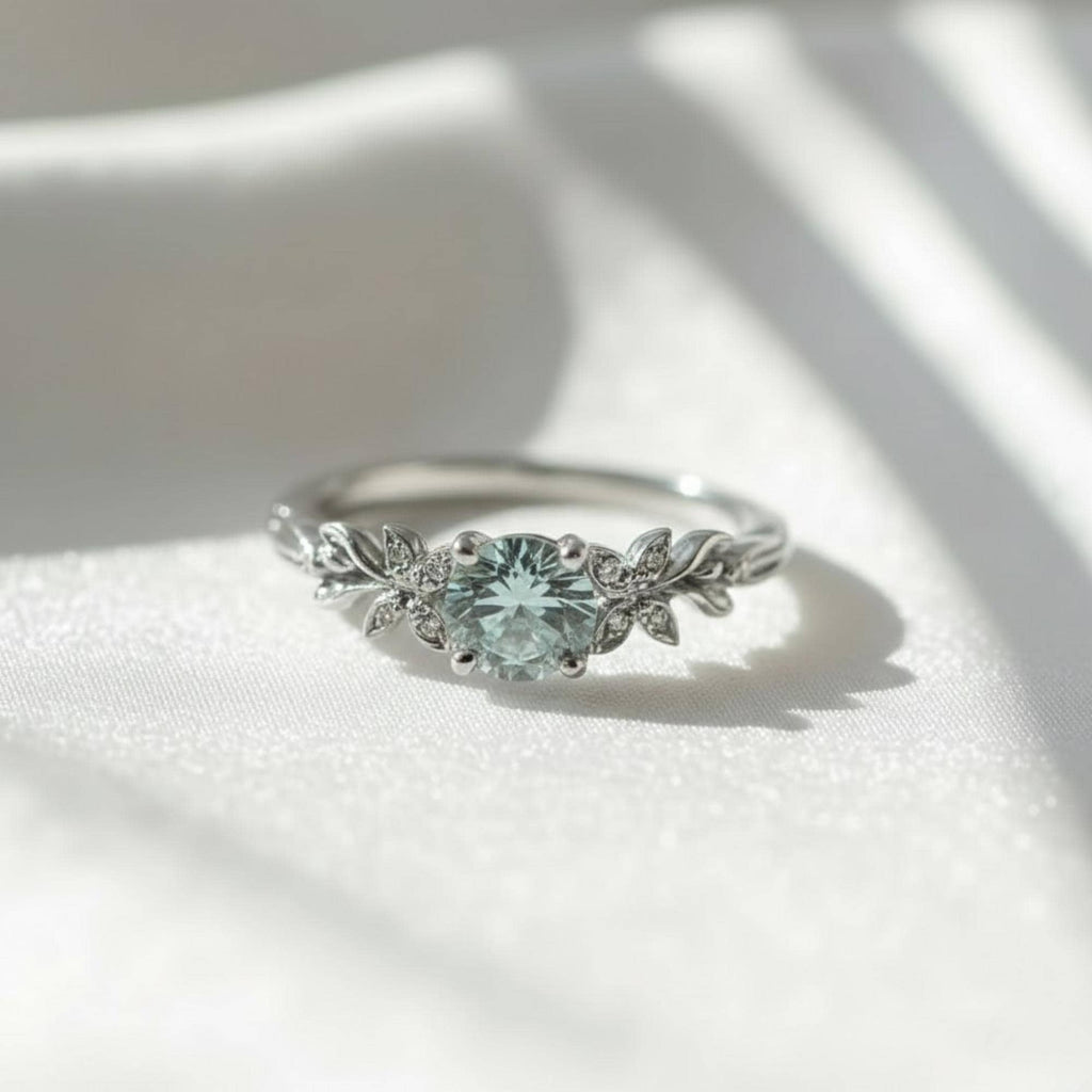 Botanical Blue Aquamarine Nature Engagement Ring | Floral Leaf Gold and Sterling Silver Ring | March Birthstone Ring