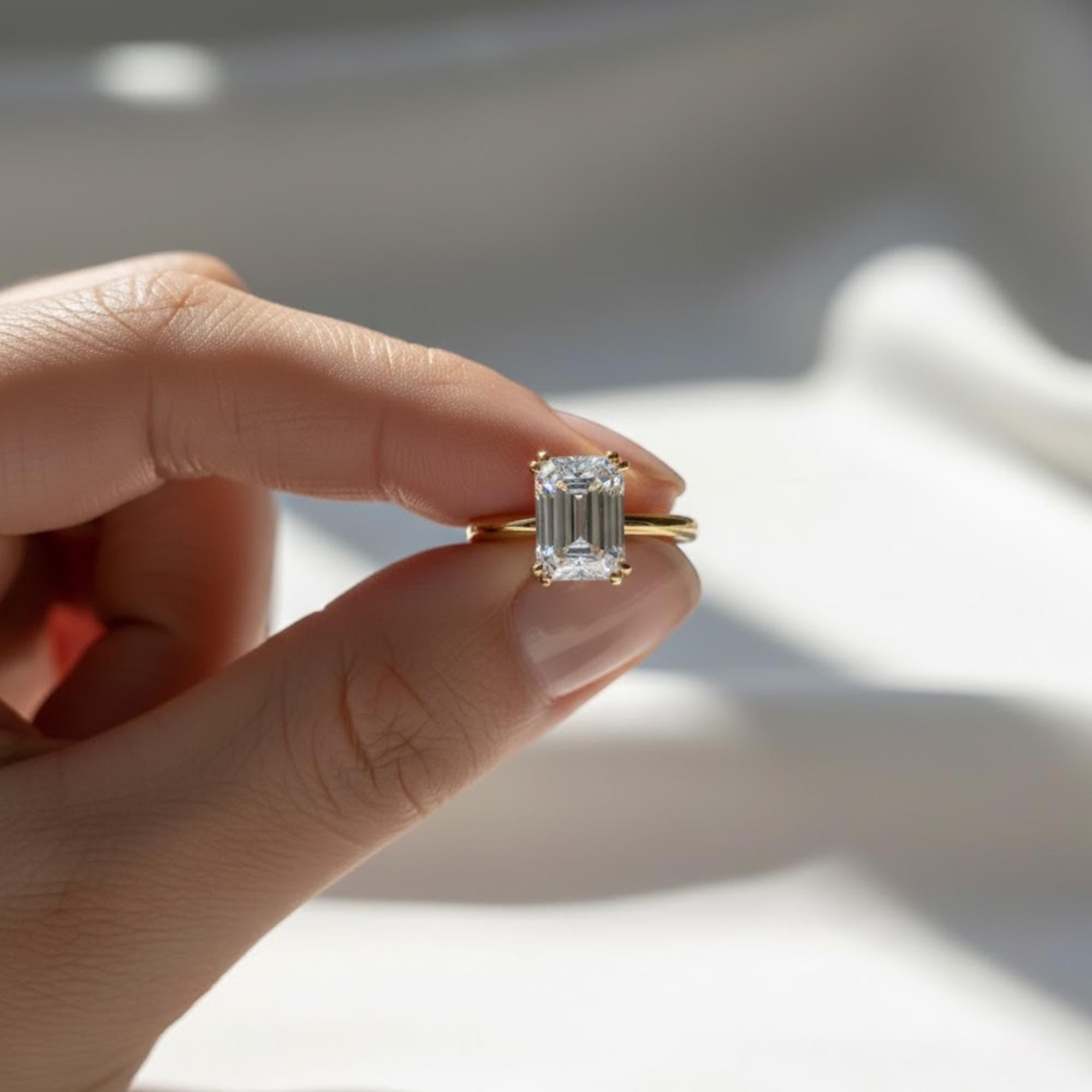 3 Carat Emerald Cut Lab Created Diamond Hidden Halo Engagement Ring / Double Claw Prong Set / White Gold Unique Proposal Ring Gift For Her