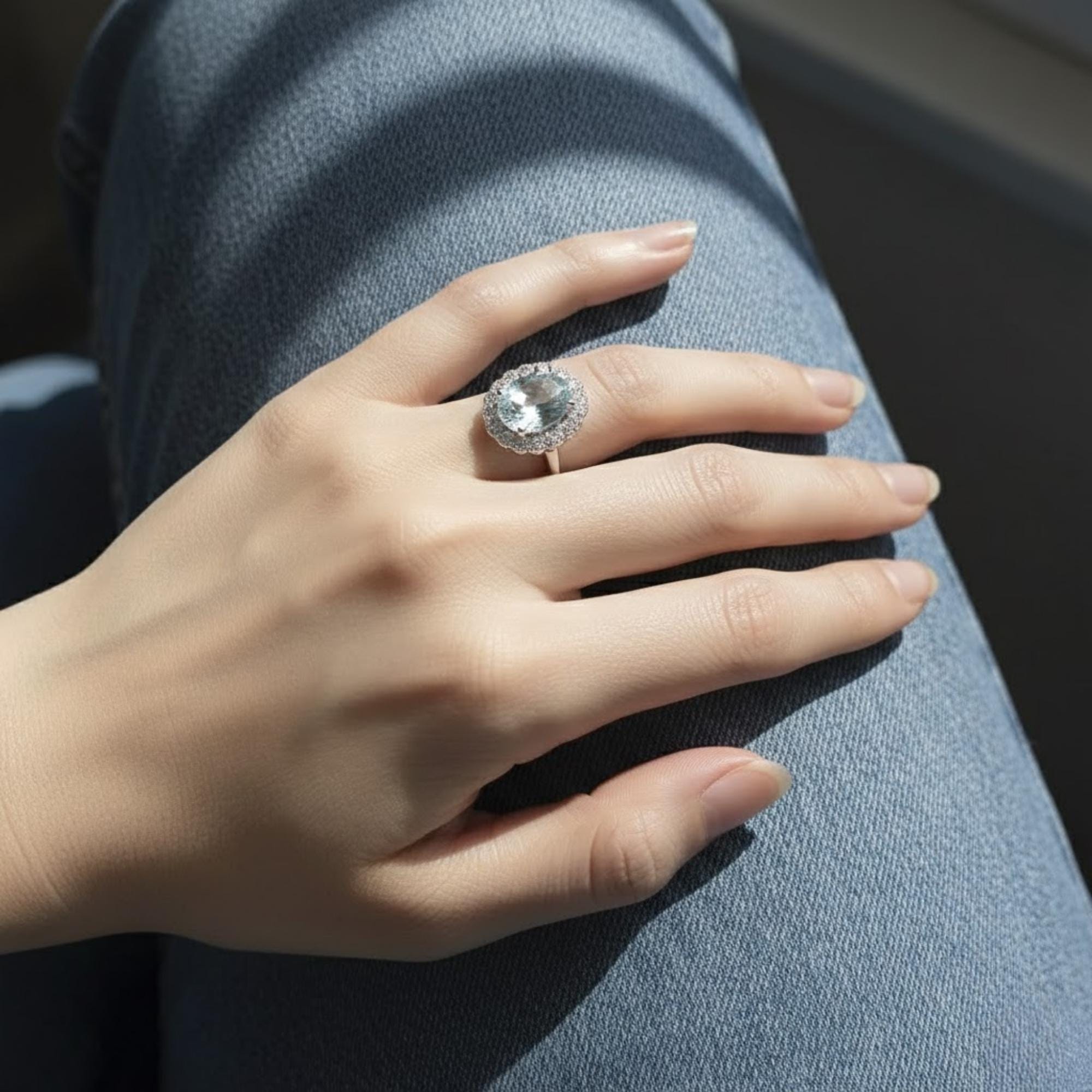 1.68 Ct Aquamarine Gemstone Diamond Halo Ring 14K White Gold E F VS1 Luxury Statement Ring