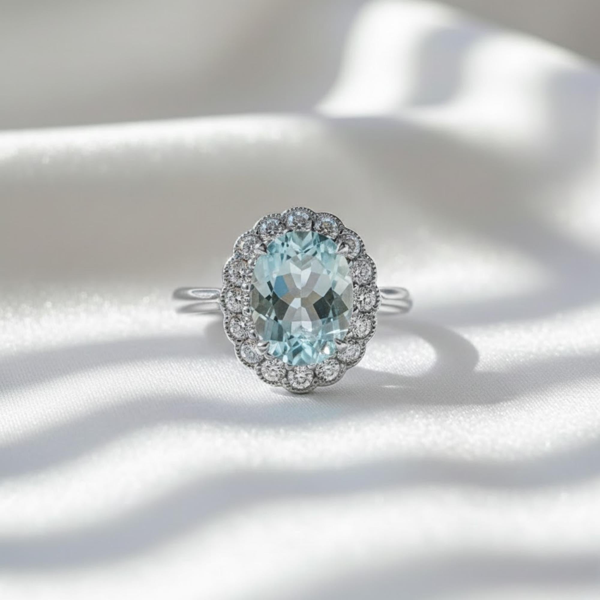 1.68 Ct Aquamarine Gemstone Diamond Halo Ring 14K White Gold E F VS1 Luxury Statement Ring