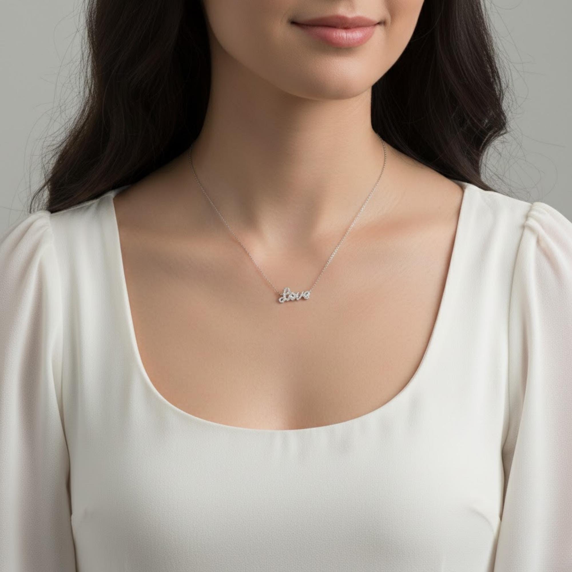 Pave Diamond Love Necklace 14K Solid Gold 0.15 Ct E F VS1 Luxury Script Pendant