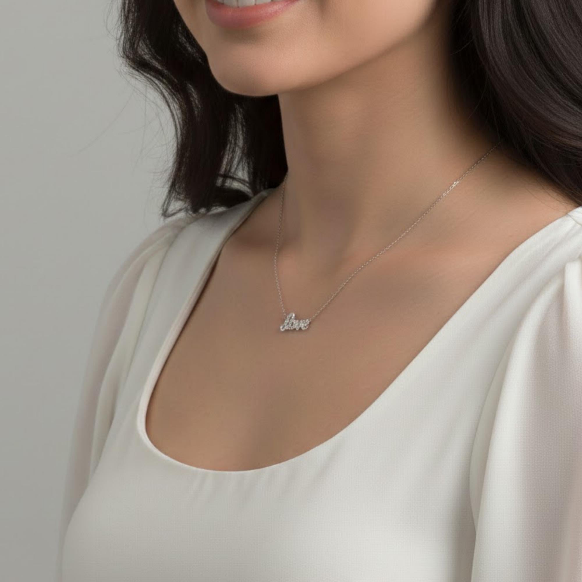 Pave Diamond Love Necklace 14K Solid Gold 0.15 Ct E F VS1 Luxury Script Pendant